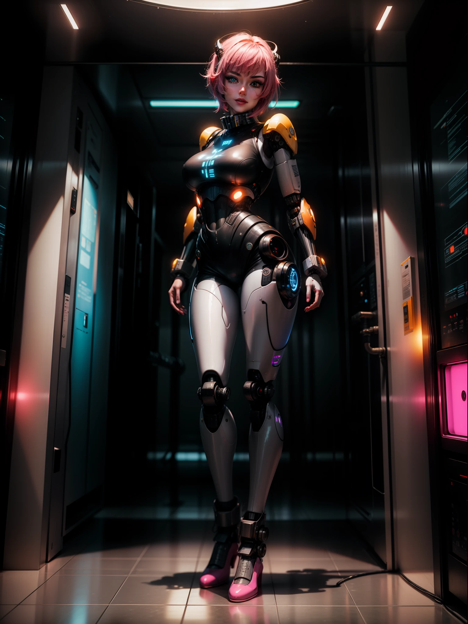 ((full body, standing):1.5), {((1 woman))}, {((with bionic body parts, wearing extremely tight black sleeveless shirt, short gin shorts)), ((very large breasts)), ((very short, straight pink hair, blue eyes)), staring at the viewer, smiling, ((striking an erotic pose)), ((in a futuristic spaceship, in front of an elevator, window showing the outer space, futuristic machines, humanoid robots, pipes with lights))}, 16k, best quality, best resolution, best sharpness, ultra detailed