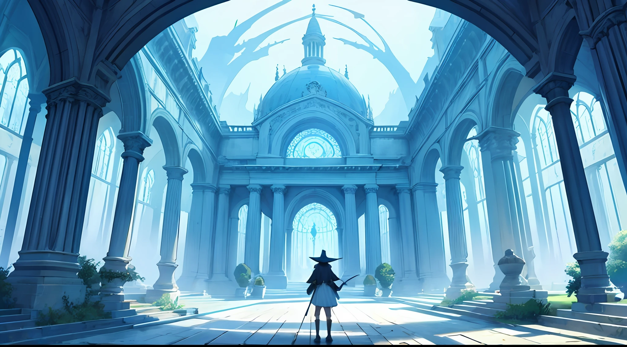 Imagine a not-so-distant view of the ultra-detailed and majestic school of magic in a magical and luminous fantasy world.