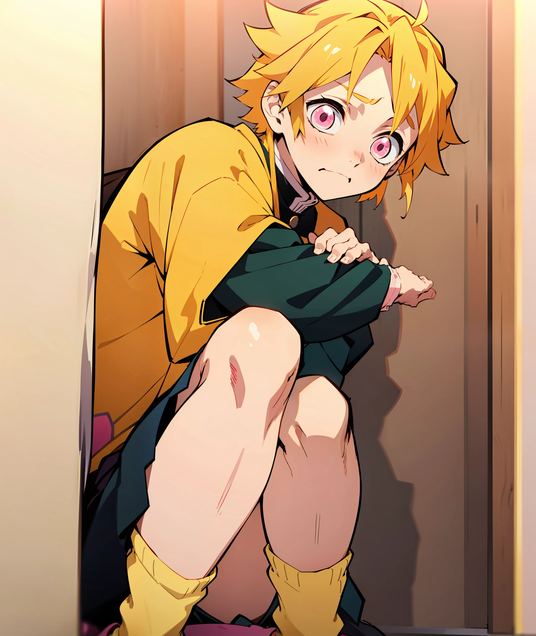 1boy, yellow hair, pink eyes, demon slayer uniform, pink and yellow socks, shy, nervous, yellow and pink haori