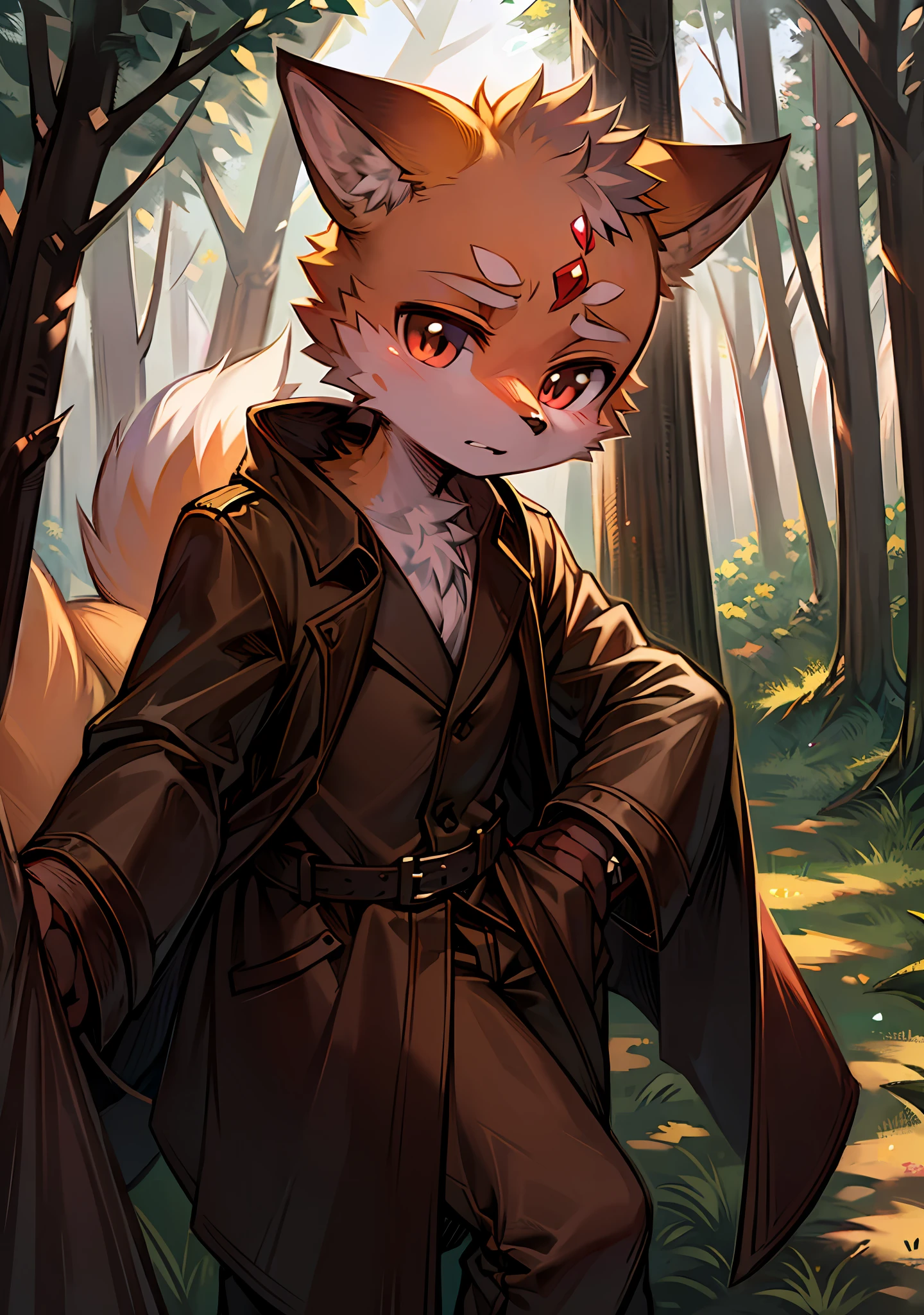 ln the forest,children's,Beast too,red fox,Wear a brown trench coat,Fluffy big tail,adolable,Alone,There are moire lines on the forehead,Short stature,Short snout,largeeyes,meticuloso