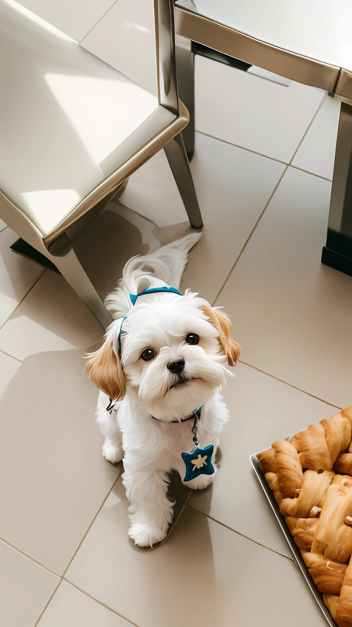 There is a small white dog standing on a tiled floor, small white dog at her side, in a sidewalk cafe, Dog cute, Shih Tzu, quatro patas, looks into the camera, Cachorro comendo croissants em Paris, On a Vancouver sidewalk, em uma mesa branca, staring directly at camera, looks into the camera, small dog