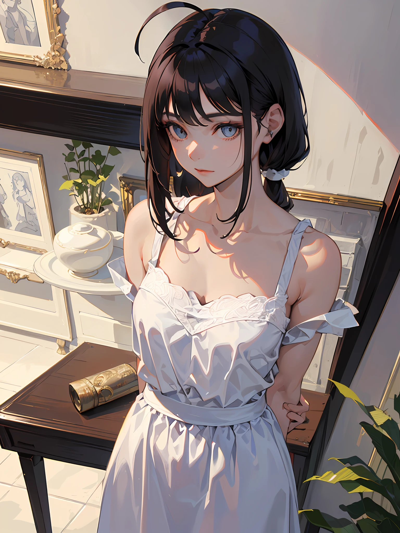 ((obra-prima, melhor qualidade)), (1girl), (solo), (foco feminino), (ahoge, cabelo preto, cabelo longo em coque), olhos azuis, ((camisa branca), (camisa abotoada)), ((preto saia), (saia curta)), standding, fundo branco, arms behind back,