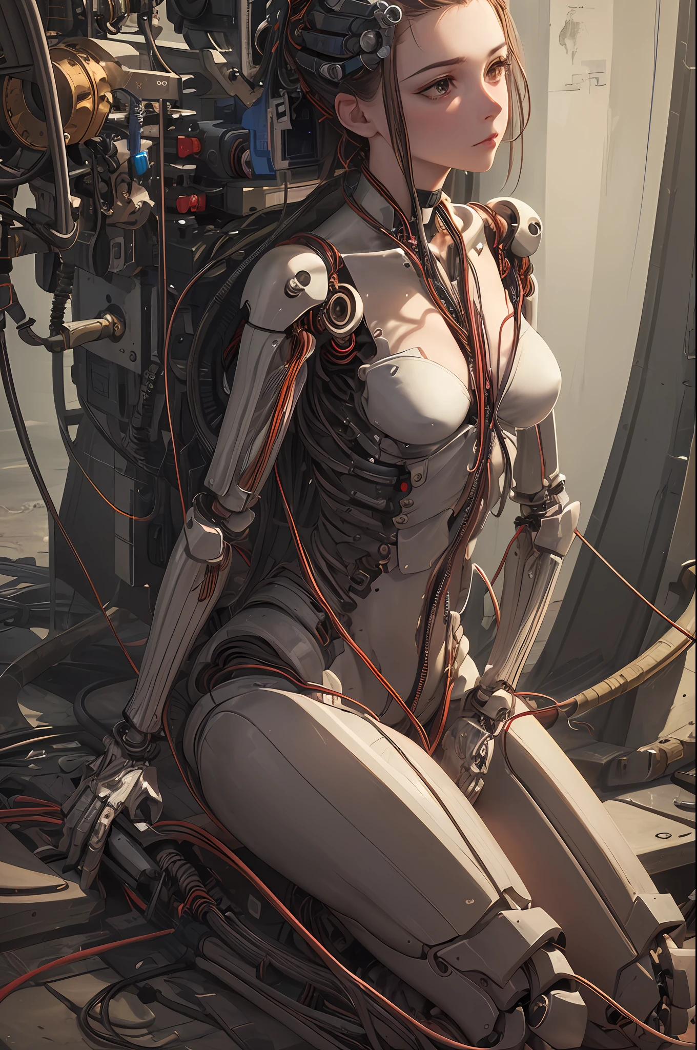 (((masterpiece))), (((best quality))), ((ultra-detailed)), (highly detailed CG illustration), ((an extremely delicate and beautiful)),(cute delicate face),cinematic light,((1mechanical girl)),solo,full body,(machine made joints:1.4),((machanical limbs)),(blood vessels connected to tubes),((mechanical vertebra attaching to back)),((mechanical cervial attaching to neck)),((sitting)),expressionless,(wires and cables attaching to head and body:1.5),(character focus),science fiction