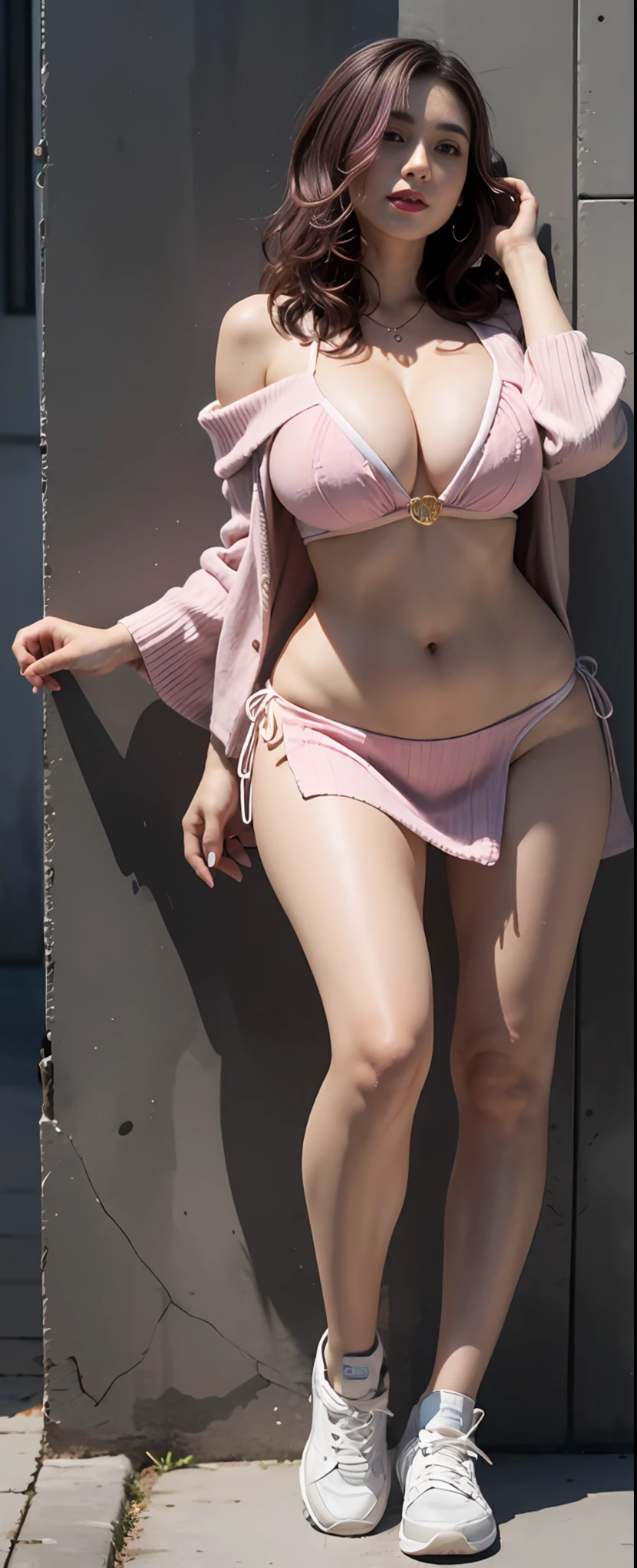 (Best Quality, 4k, Masterpiece: 1.3), a handsome female, standing on the wall (Full Body Pose), sneakers, hyper realistic, 1girl, (Massive breasts, attractive body: 2.2), wavy, damp hair , Dark brown hair: 1.1, ultra-detailed face, detailed lips, A detailed eye, 二重まぶた, Cropped knitted off-the-shoulder bikini dress, Detailed navel, sexy belly, open neckline, necklace, Very huge big breasts, décolleté, Huge-breasts,, detailed breast, blue and pink hair, Sunset