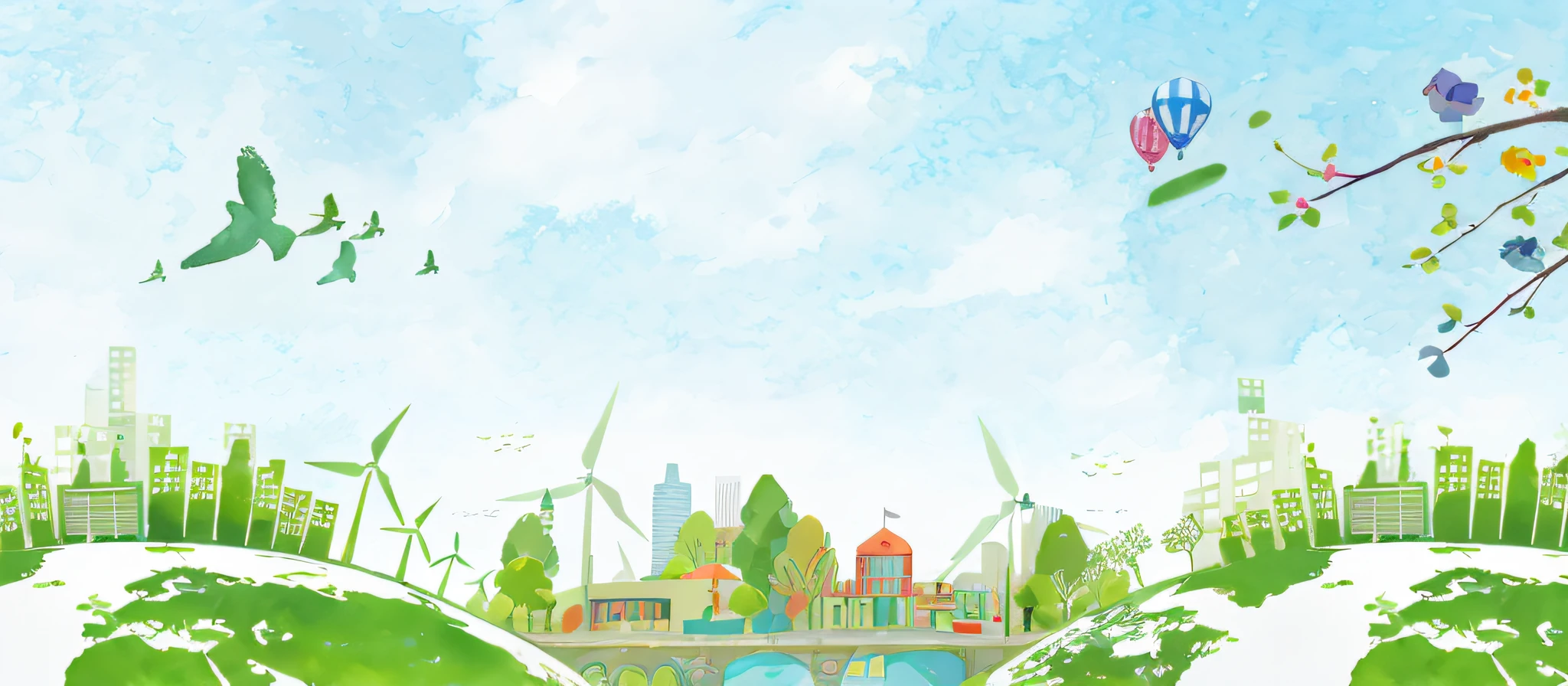 There is a picture of a green earth，There is a city on it, Park background, park in background, town center background, town background, parks and public space, countryside city scene, parks and monuments, in an eco city, park landscape, sunny park background, Watercolor illustration style, scenery background, urban surroundings, Simple illustration, flying trees and park items
