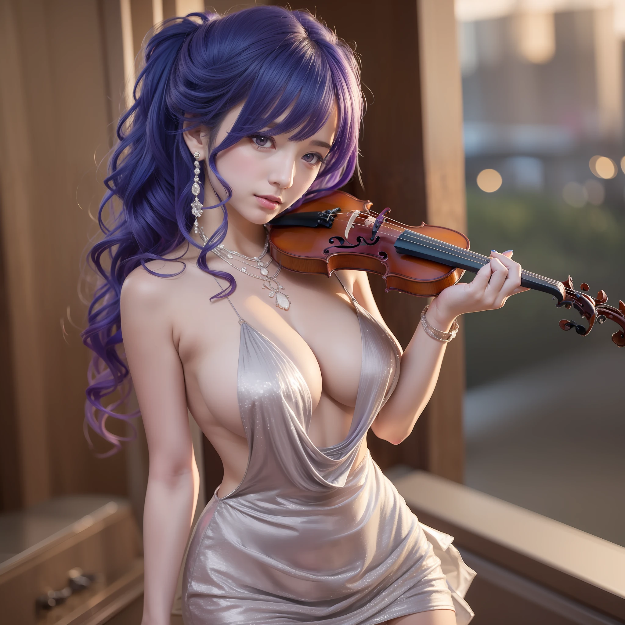 Masterpiece, MSKS style, huge , 1girll, Blue-haired, Purple eyes, Japan goddess, Bare shoulders, Maximum detail background,Play on the violin,Silver and white dress short skirt,Beautiful and moving,blush,Hotel 1.4,8K, Realistic1.4,