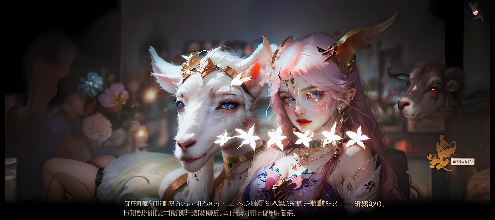 Girl, thighs, sitting, looking at the audience, goat's horns, necklace, realistic, blushing, blue eyes, beautiful eyes