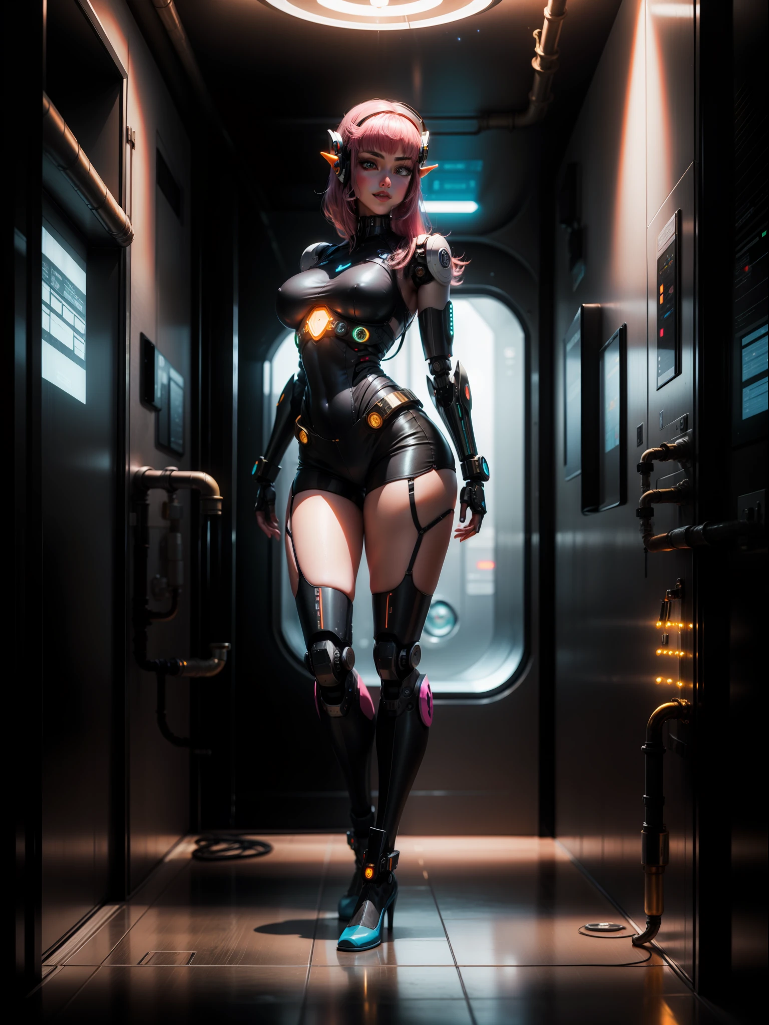 ((full body, standing):1.5), {((Princess Zelda))}, {((with bionic body parts, wearing extremely tight black sleeveless shirt, short gin shorts)), ((very large breasts)), ((very short, straight pink hair, blue eyes)), staring at the viewer, smiling, ((striking an erotic pose)), ((in a futuristic spaceship, in front of an elevator, window showing the outer space, futuristic machines, humanoid robots, pipes with lights))}, 16k, best quality, best resolution, best sharpness, ultra detailed