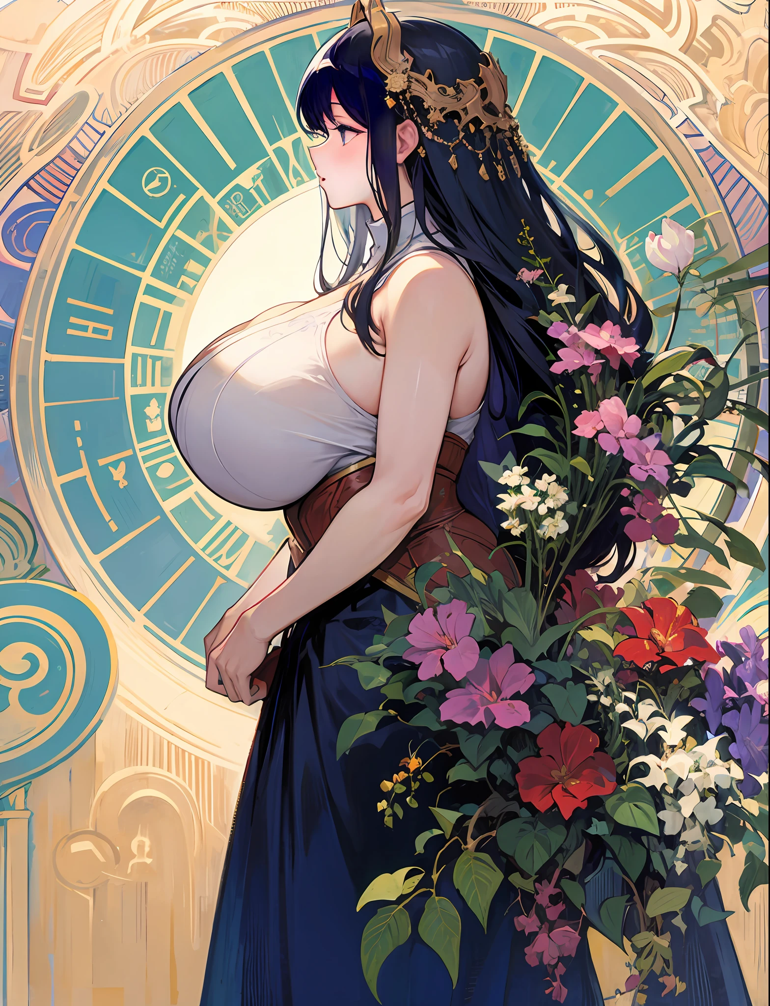 Alphonse Mucha's zodiac signs、ultra gigantic tits、The areol、teats、Hyper-obese body、Beautuful Women、profile