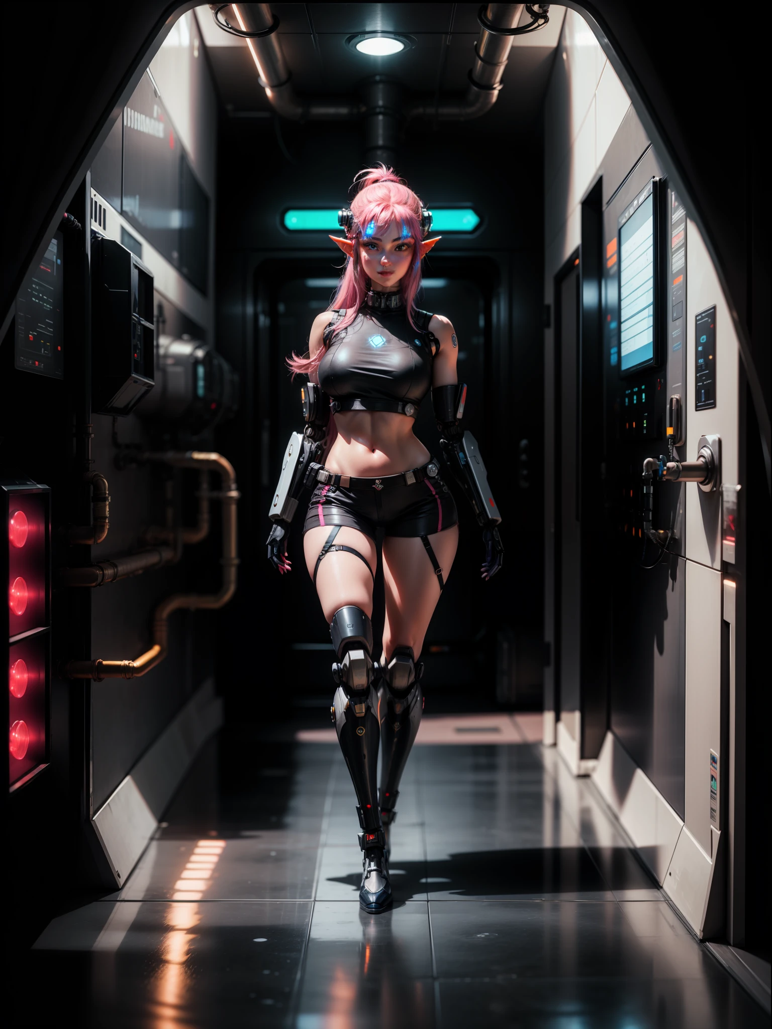 ((full body, standing):1.5), {((Princess Zelda))}, {((with bionic body parts, wearing extremely tight black sleeveless shirt, short gin shorts)), ((very large breasts)), ((very short, straight pink hair, blue eyes)), staring at the viewer, smiling, ((striking an erotic pose)), ((in a futuristic spaceship, in front of an elevator, window showing the outer space, futuristic machines, humanoid robots, pipes with lights))}, 16k, best quality, best resolution, best sharpness, ultra detailed