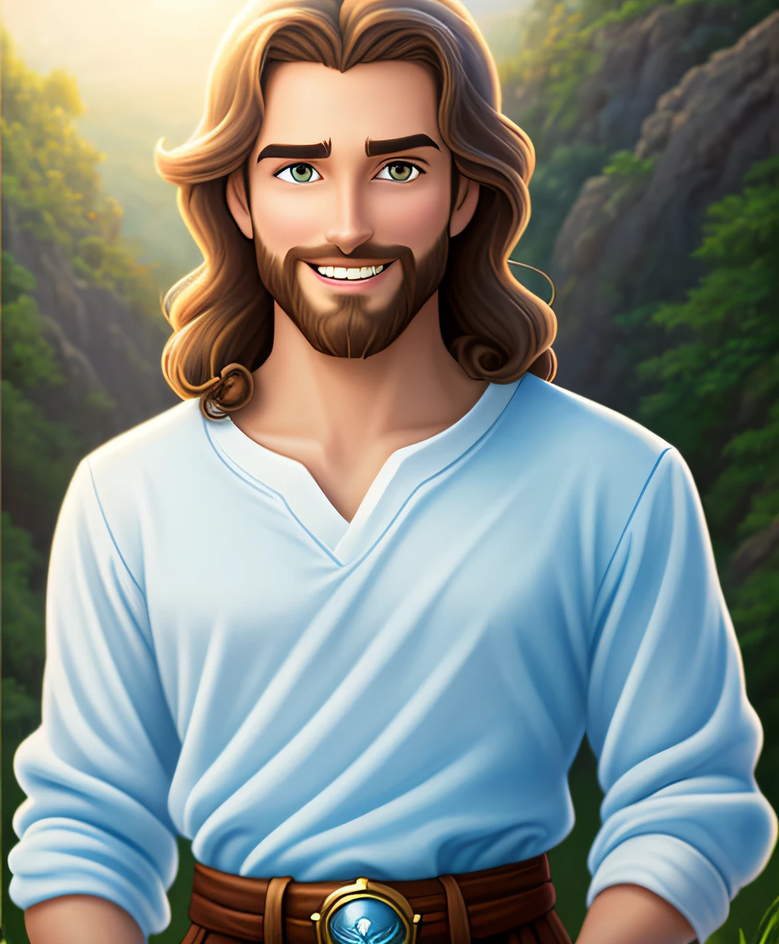 Original art quality, full body picture, Disney character animation style, young and handsome Jesus God, standing posture, hands naturally placed on both sides, looking ahead, gentle expression and smiling, eyes full of light, background light blue, translucent, with light as the theme, the focus of light is on the characters, the overall picture is fresh and bright.
