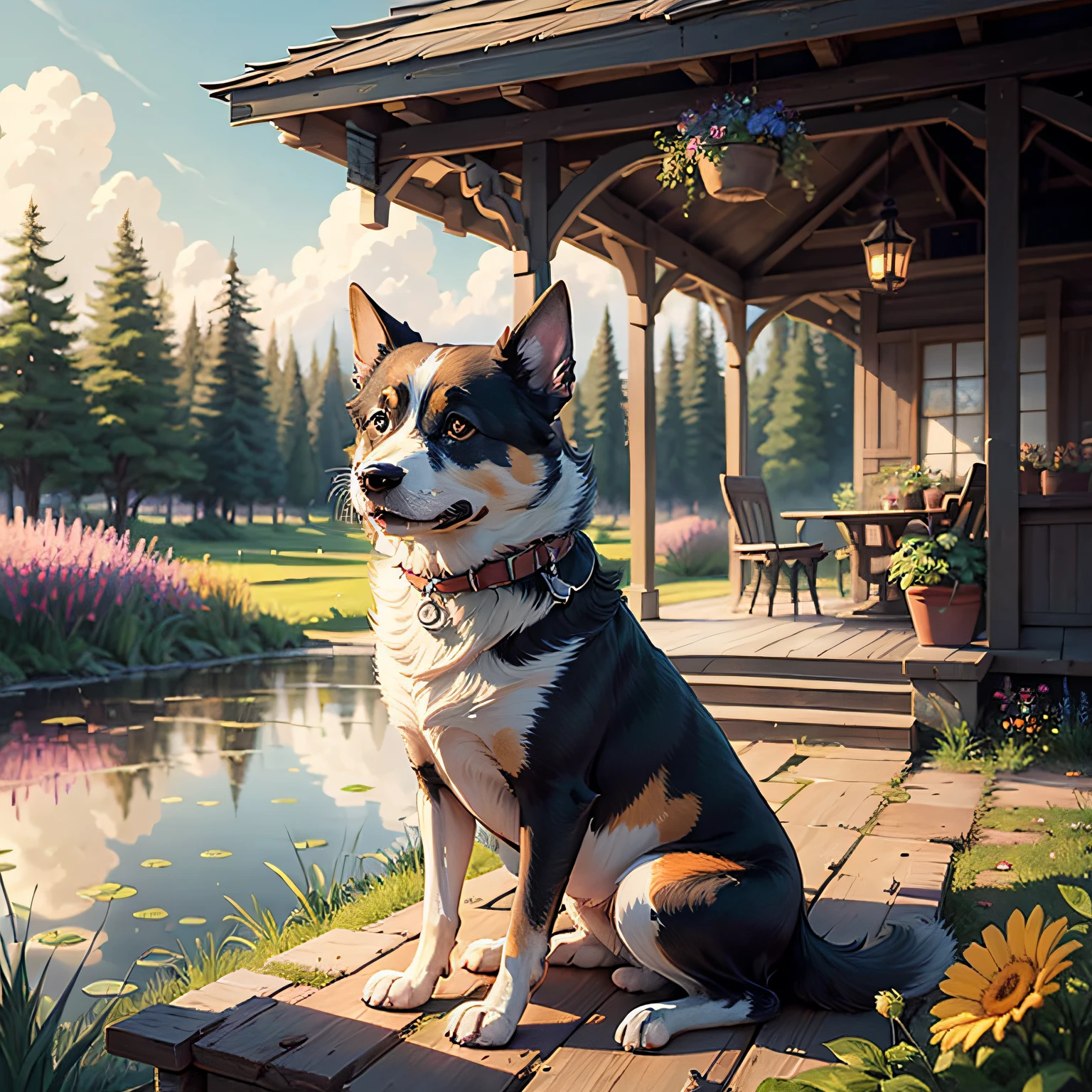 high quality comic strip of a dog sitting under a gazebo with flowers, detailed digital illustration with meadow and pond in background by artit john sloane --auto