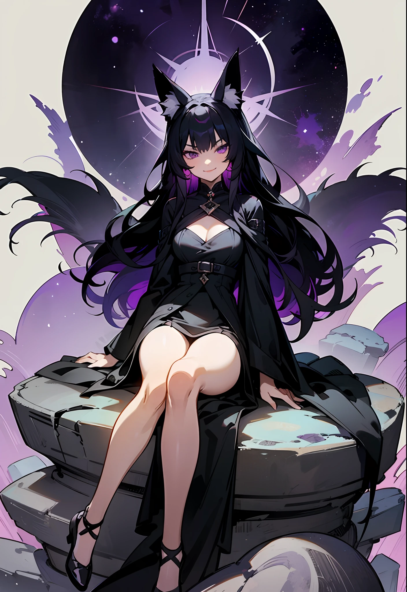 (medium portrait:0.7), (best illumination:1.1), (long black hair:1.1), (purple eyes:1.1), 1girl, adult woman, black fox-ears, black fox-tail, evilish serious smile, black dress with white details, medium breasts, sitting on a stone throne, purple starry sky in background