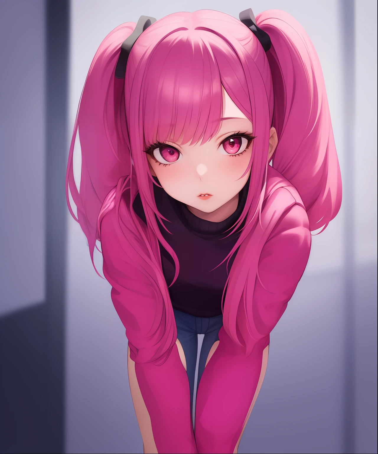 ((masterpiece)), (best quality), (detailed), 1girl,
looking at viewer,  (lipstick:0.75), leaning forward,
long pink hair, twintails,
colorful thighighs,
winter, vivid colors,