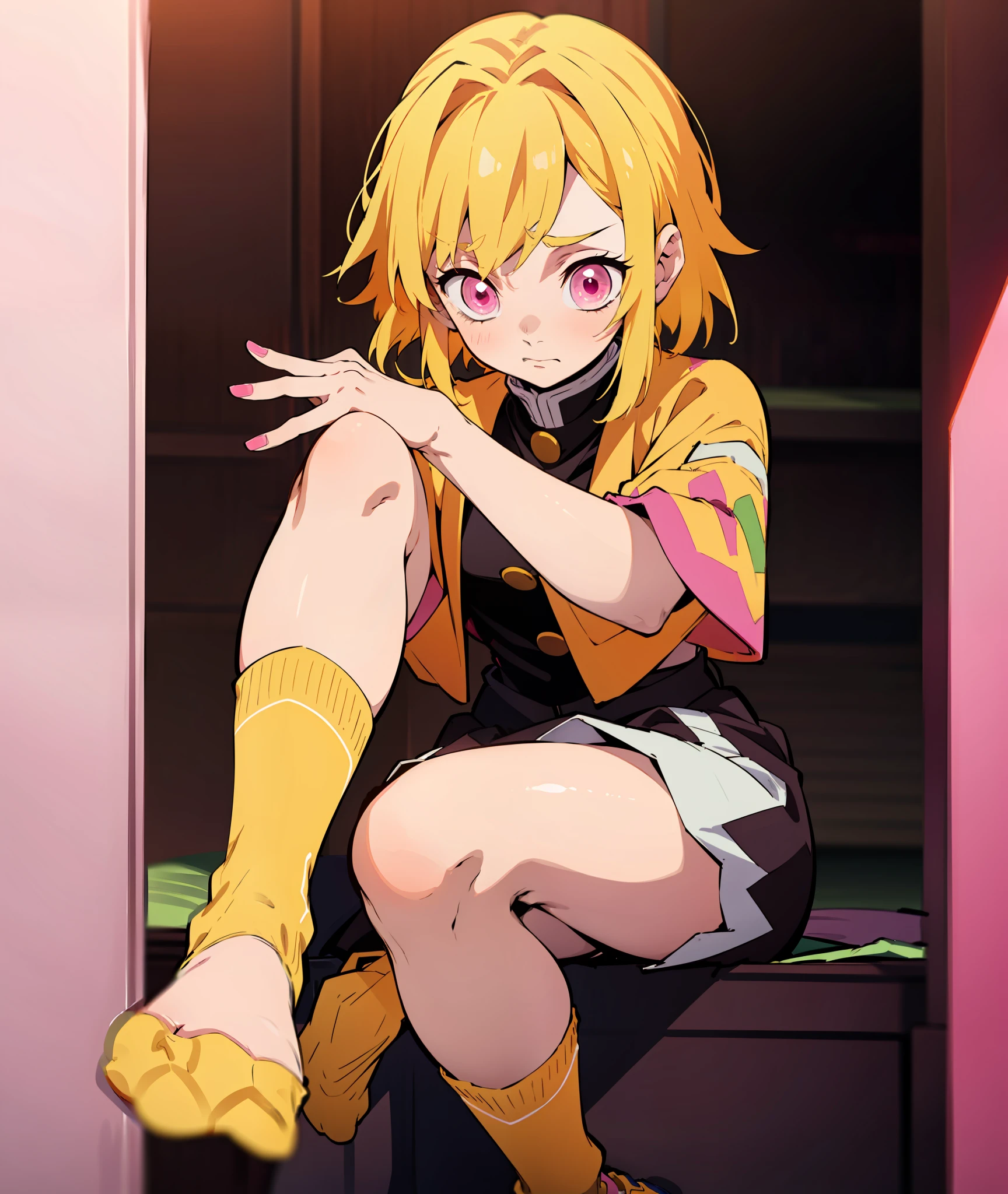 1girl, yellow hair, pink eyes, demon slayer uniform, pink and yellow socks, shy, nervous, yellow and pink haori, pink nails