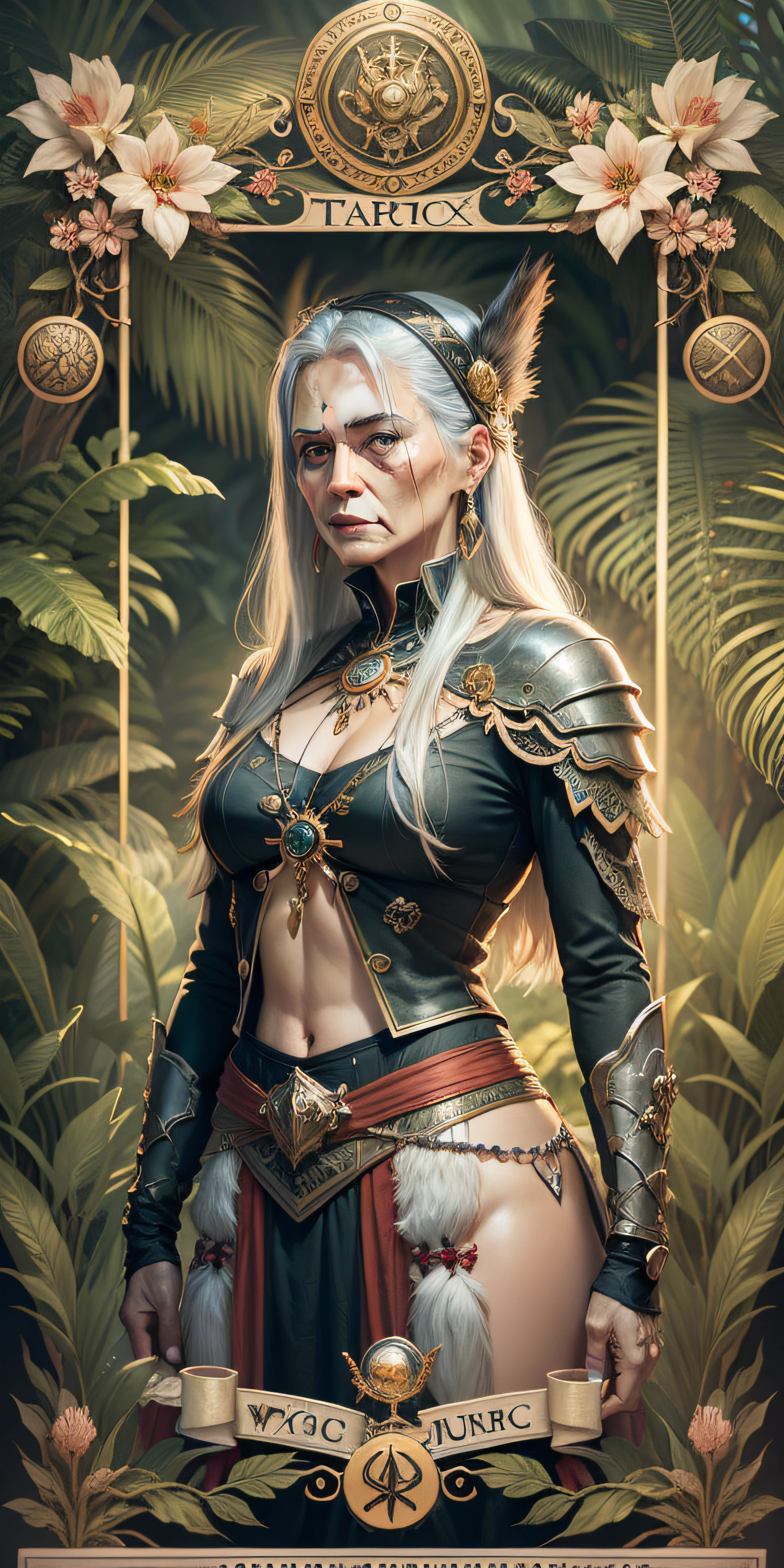 Old Warrior woman, Tarot card, mystic, floral borders, jungles, photorealistic , detailed, no cartoon
