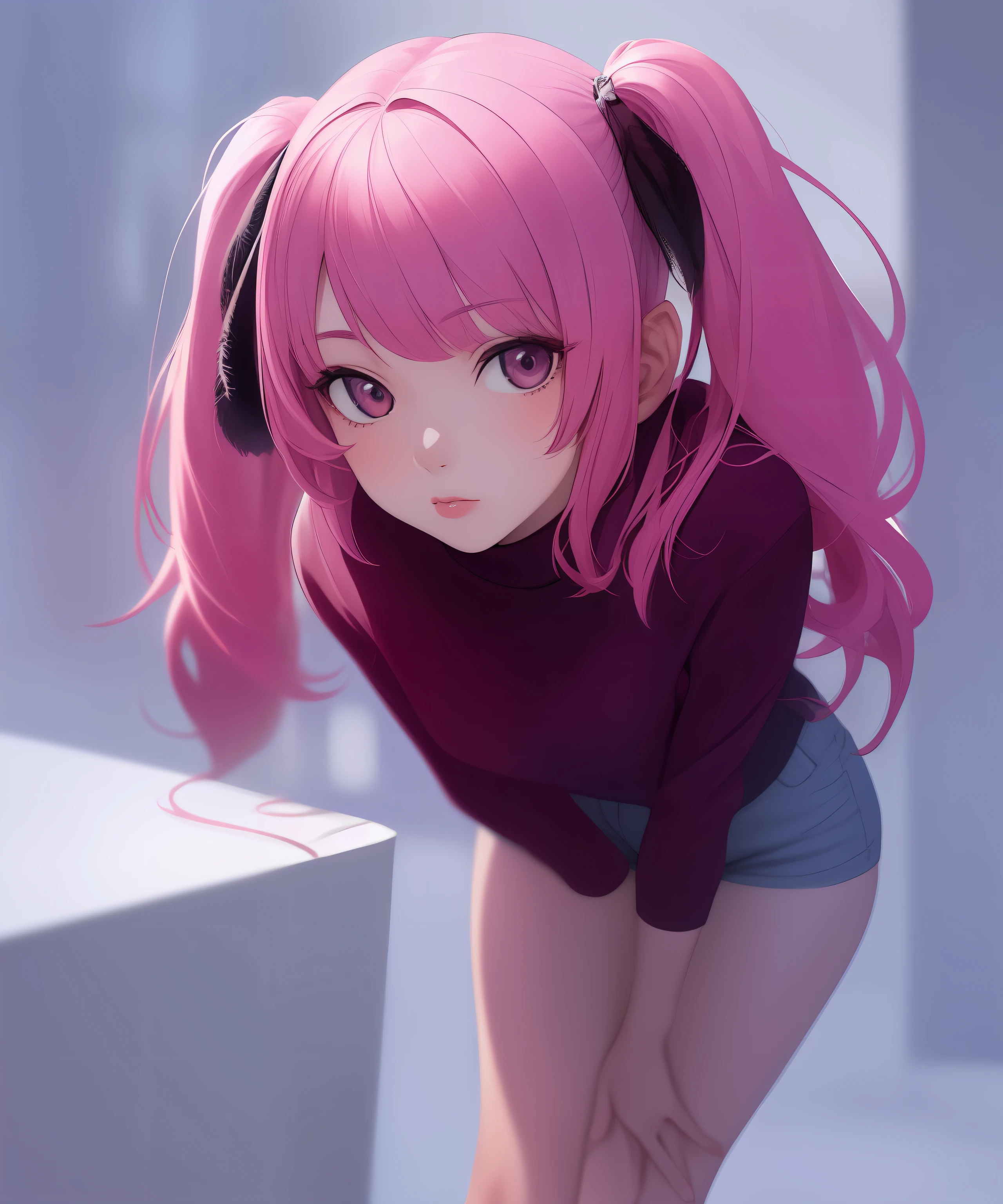 ((masterpiece)), (best quality), (detailed), 1girl,
looking at viewer, (lipstick:0.75), leaning forward,
long pink hair, twintails,
colorful thighighs,
winter, vivid colors,