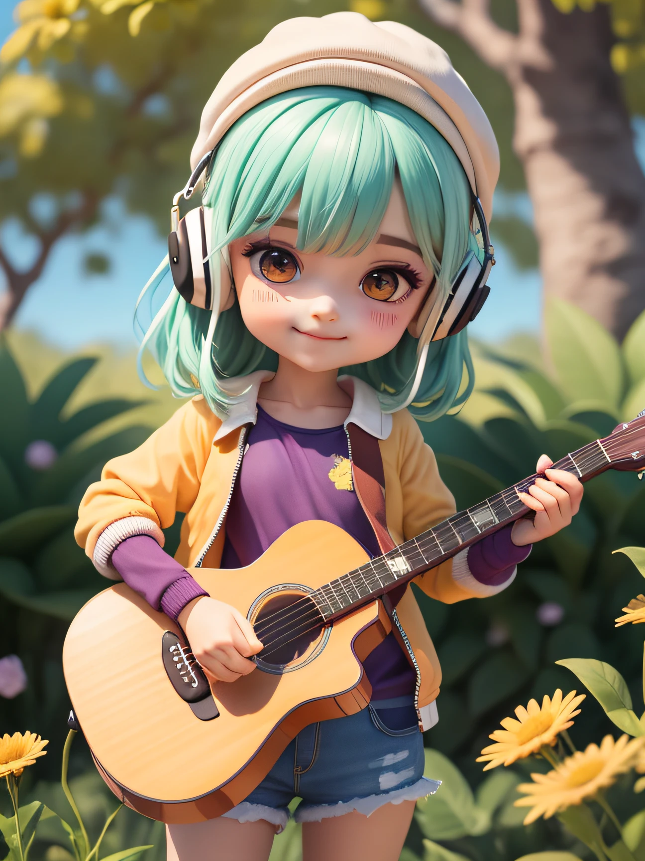 (obra-prima),(melhor qualidade),(ultra-detalhado), (corpo inteiro: 1.2), 1girl,chibi,fofo, sorriso, boca aberta, flor, ao ar livre, playing the guitar, music, boina, holding guitar, jaqueta, blush , tree, :3, camisa, cabelo longo, girassois, headwear roxo, cabelo preto, adesivos de blush, mangas curtas, franja, fones de ouvido, cabelo preto, flor amarela, (rosto bonito e detalhado), (lindos olhos detalhados),