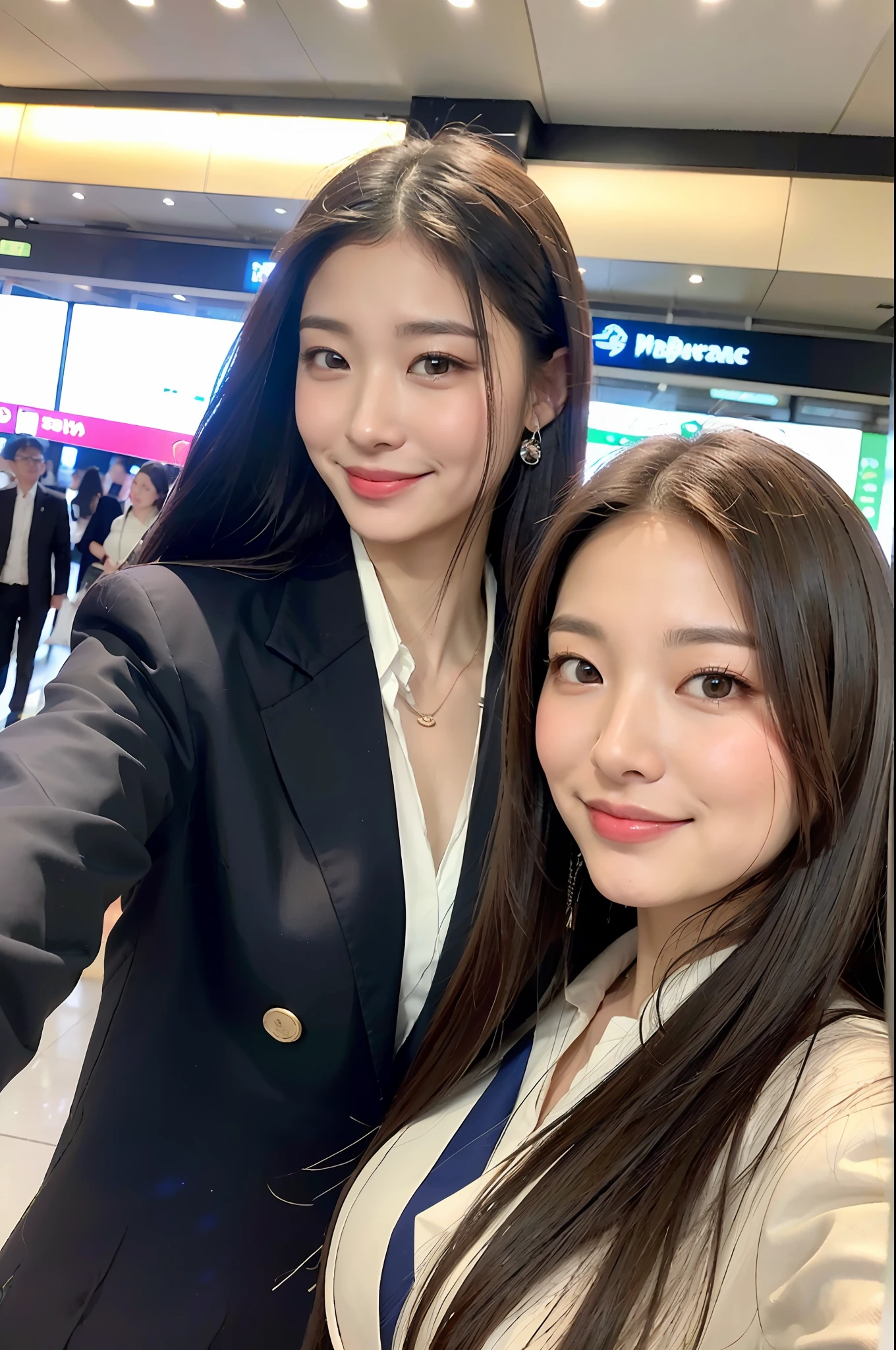 1 girl in、（Photorealsitic、hight resolution：1.4）、full bodyesbian（8k、RAW Photography、top-quality、​masterpiece：1.2）、（realisitic、Photorealsitic） :1.37)、((de pele branca:1.2)、huge tit、20 years girl、soio、Viewer's Perspective、(Middle hair:1.5)、Planes、airport、stewardess uniform、formal jackets、realisitic、(​masterpiece:1.4)、(top-quality:1.4)、(glowy skin)、a smile(Skinny、Mouth closure、full of shyness:1.3)、The upper part of the body、