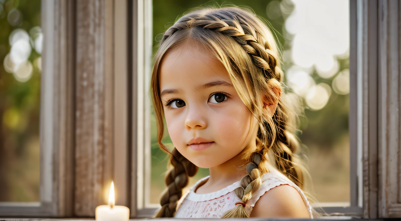 GIRL BLONDE CHILD IN BRAID, MUITAS VELAS ACESSAS , fundo vermelho.