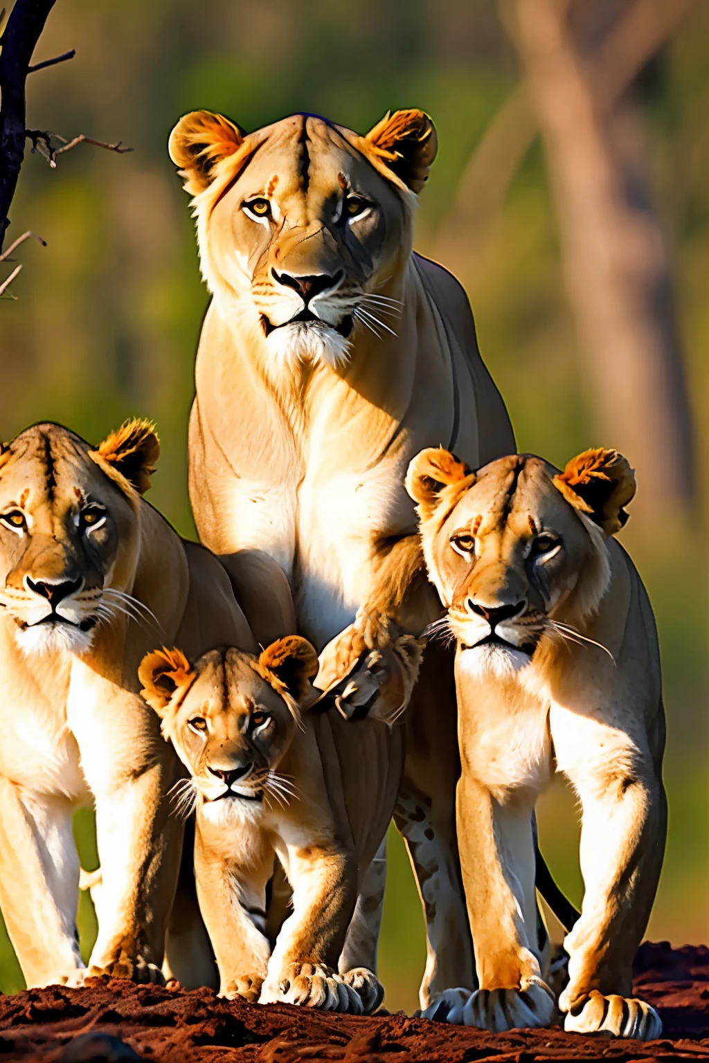 A Lioness with cubs in the jungle and a roaring lion