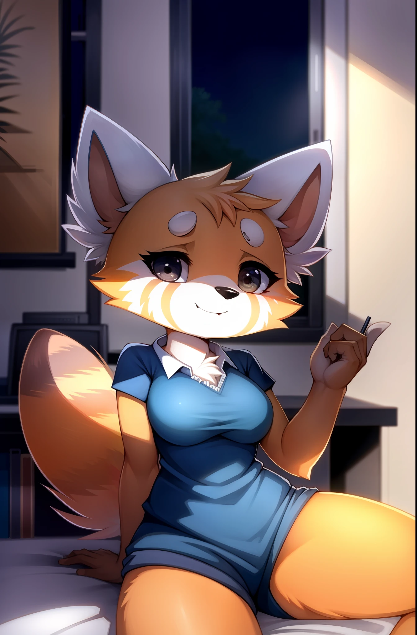 1girl, RetsukoCzar, (pelaje de dos tonos, pelaje naranja, ojos negros, bigotes, orejas de animal, cola de mapache, cola a rayas, hocico), (falda azul, camisa blanca de manga larga, chaleco azul, dama de oficina), (interior, oficina), (obra maestra: 1.2), contrata, ultrahigh resolution, 8K, alta calidad, (foco clear: 1.2), limpio, clear, cinemactic, sonrisa, sonrisa picara, manos en los senos, escote amplio, mostrando su escote, senos medianos.