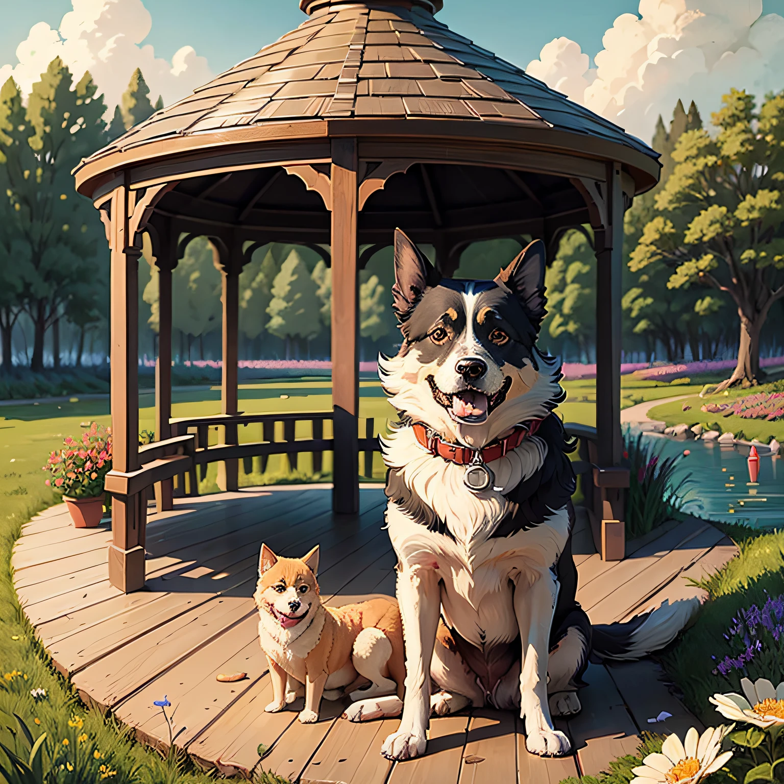 high quality comic strip of a dog sitting under a gazebo with flowers, detailed digital illustration with meadow and pond in background by artit john sloane --auto