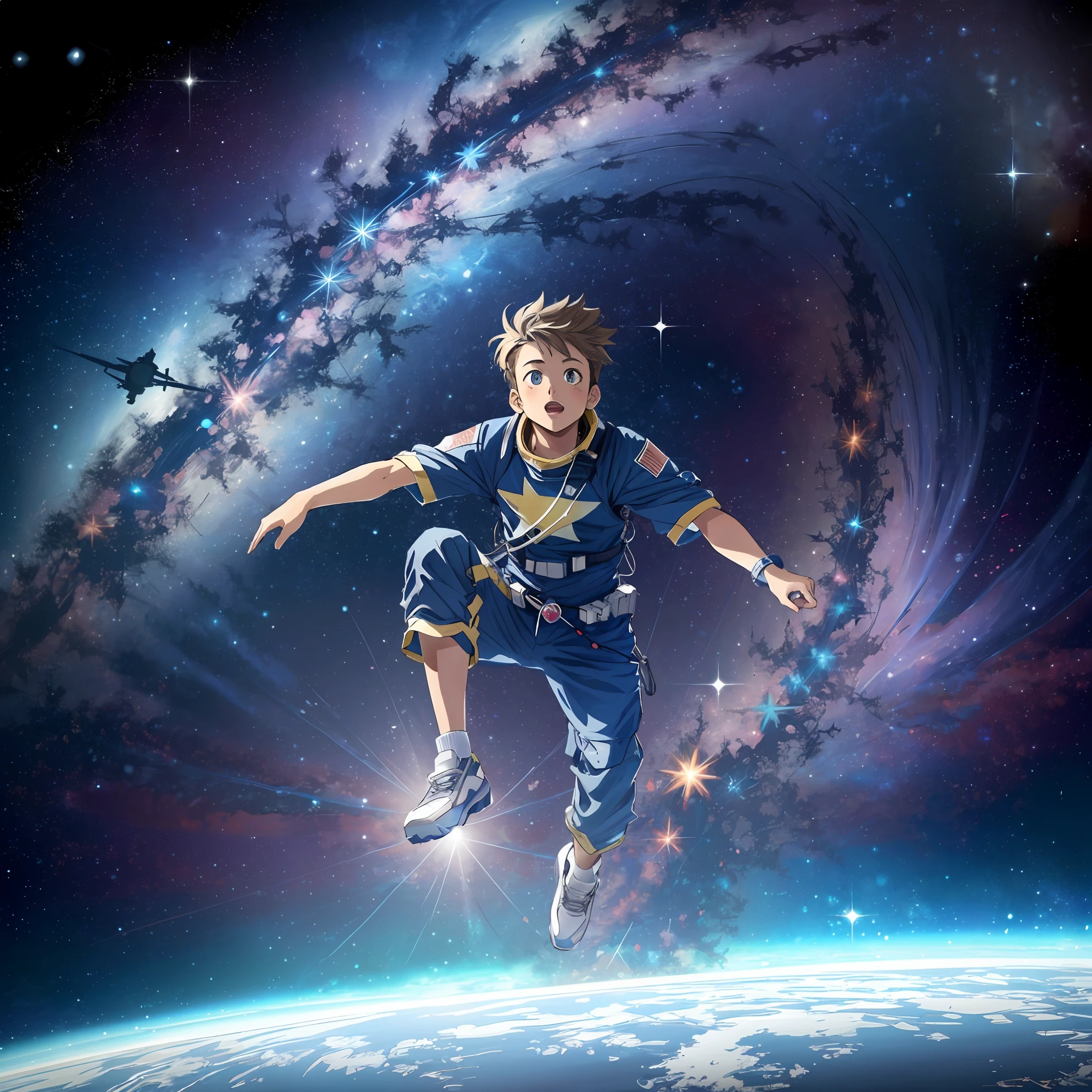 There is a frightened who is flying through the air in a futuristic space suit, floating in the space, floating in outer space, de viagens espaciais, floating in the space, surreal space, floating in deep space, flying in space, floating through space, flutuando no universo, Flutuando na Nebulosa do Cosmos, Epic lost in space, in outer space, Fantasia De Alta Qualidade Foto Stock --auto