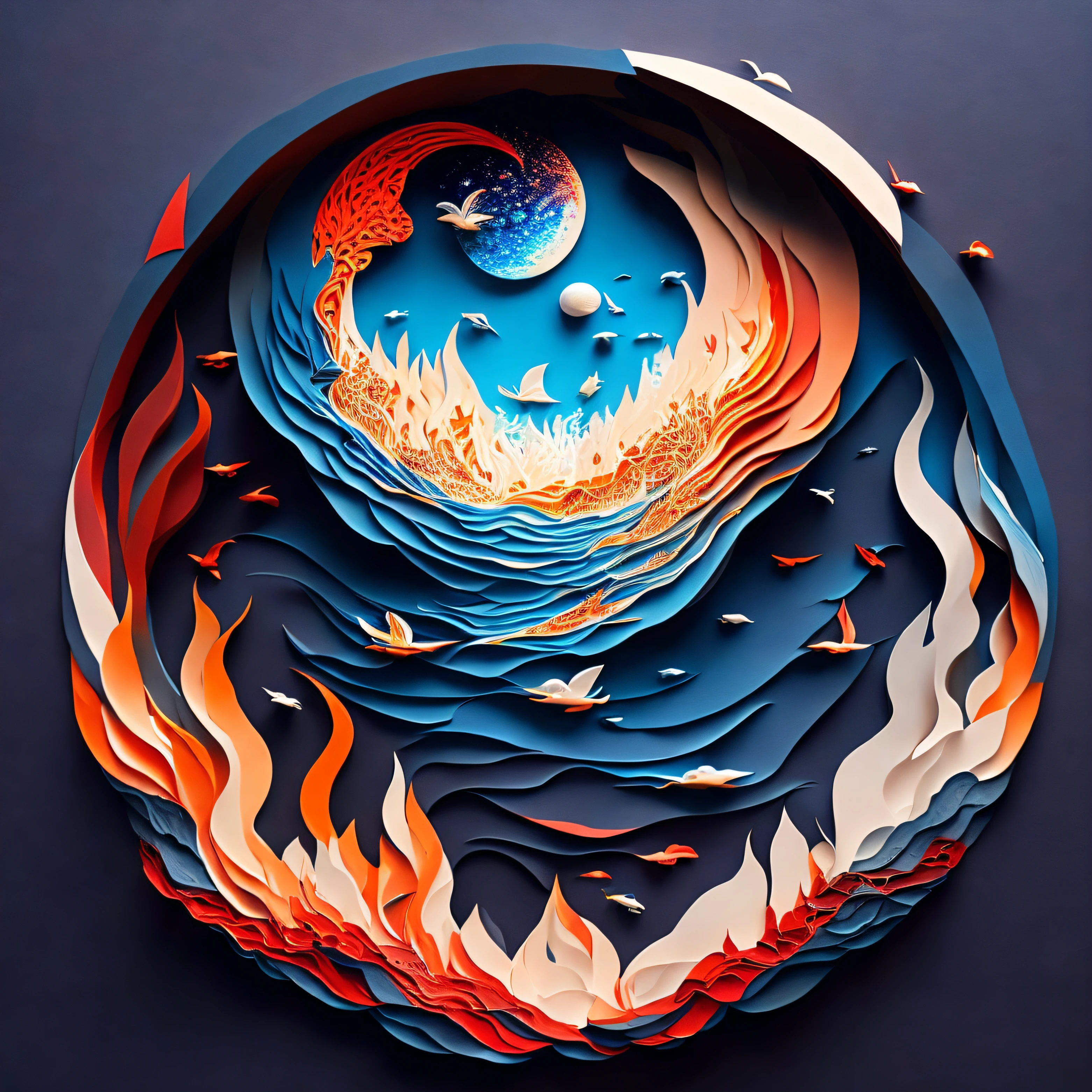 earth, water, fire, wind, space, paper_cut, illustration, (((masterpiece))), best quality, masterpiece, high quality