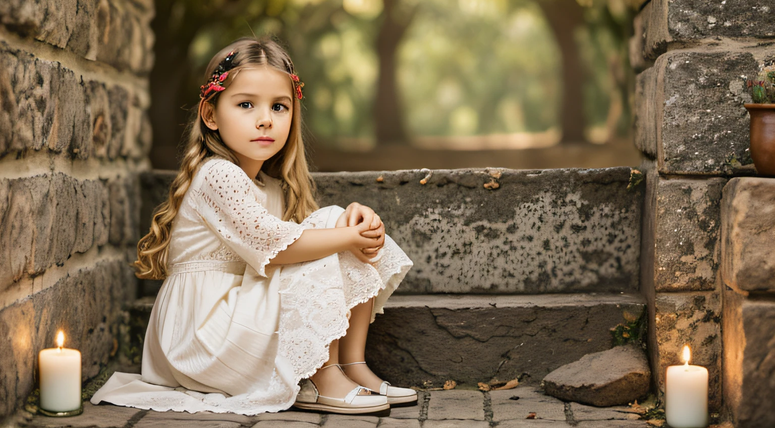 GIRL BLONDE CHILD IN BRAID, MUITAS VELAS ACESSAS , fundo vermelho.