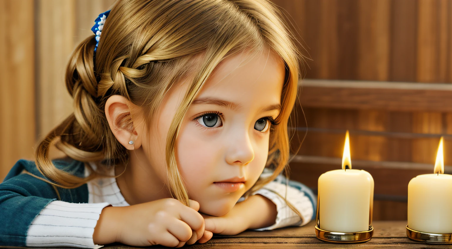 GIRL BLONDE CHILD IN BRAID, MUITAS VELAS ACESSAS , fundo vermelho.