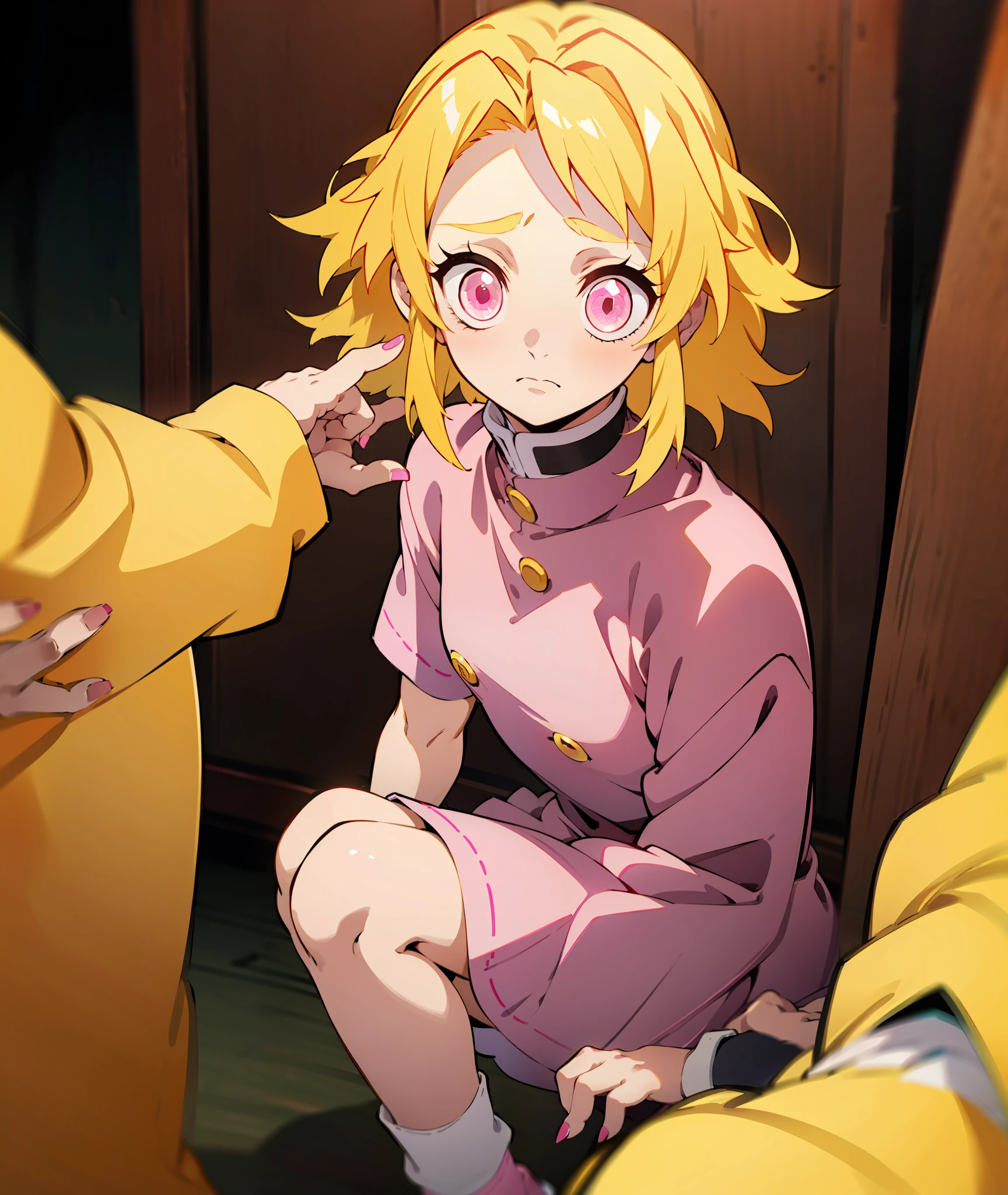 1girl, yellow hair, pink eyes, demon slayer uniform, pink and yellow socks, shy, nervous, yellow and pink haori, pink nails