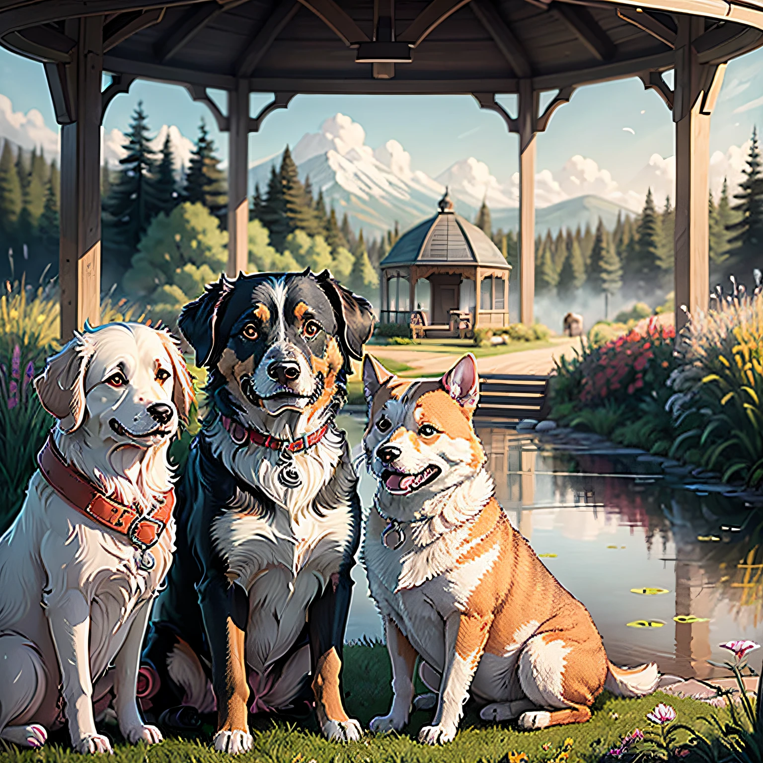 high quality comic strip of a dog sitting under a gazebo with flowers, detailed digital illustration with meadow and pond in background by artit john sloane --auto