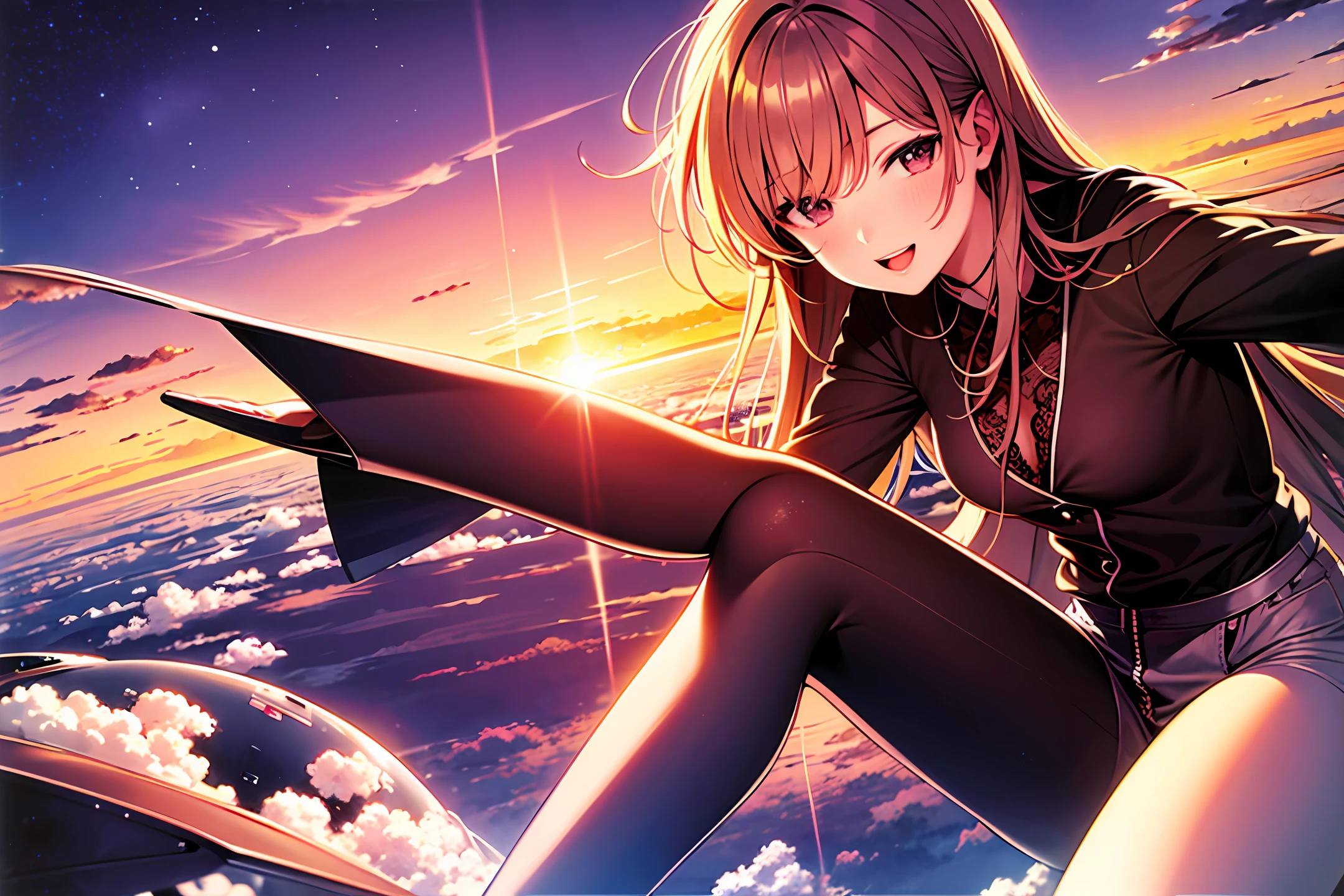 A beautiful Young woman flying at sunset un the space