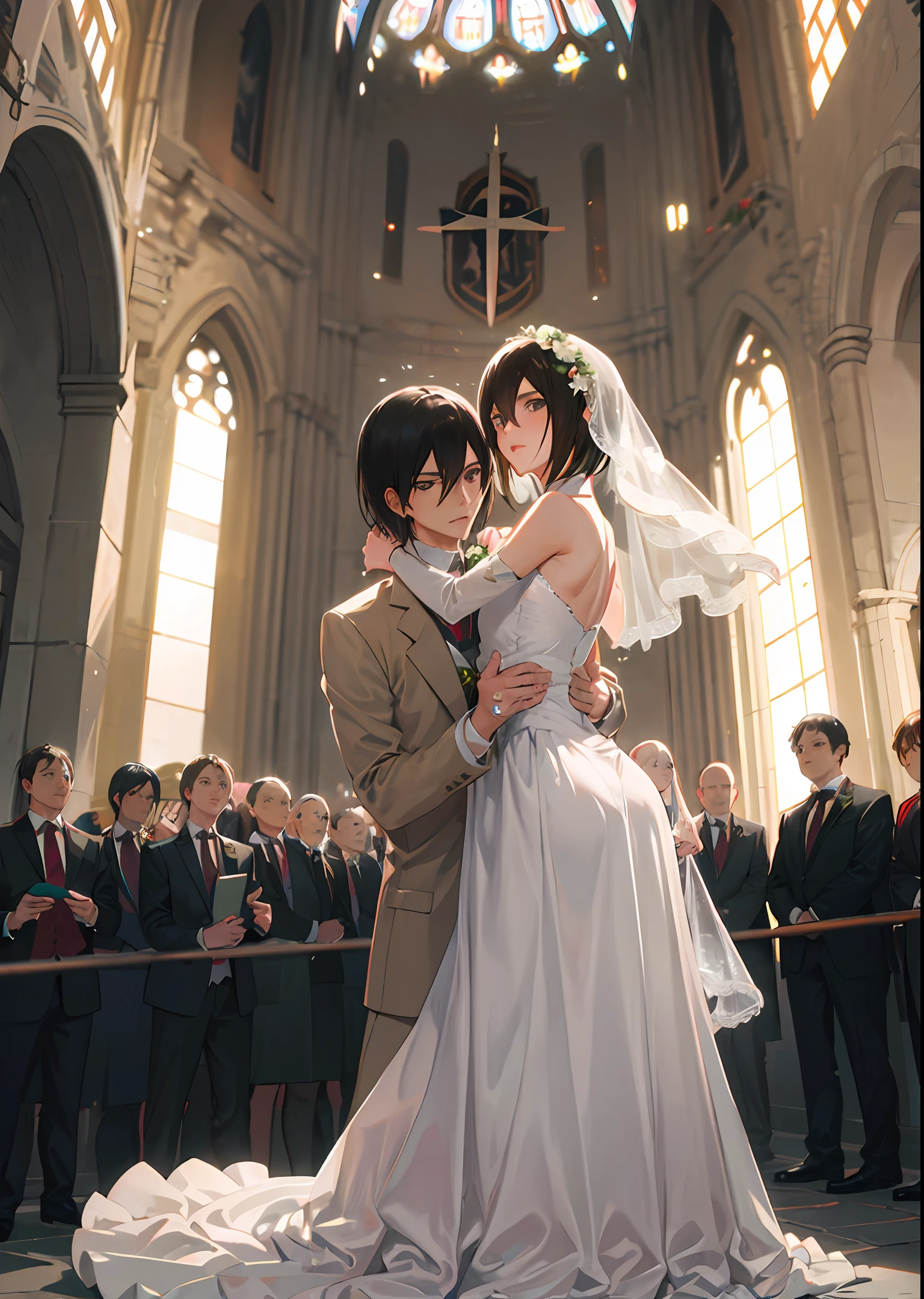 Attack on Titan inside Alan Yeager and Mikasa,Wearing a wedding dress,Wedding in church
