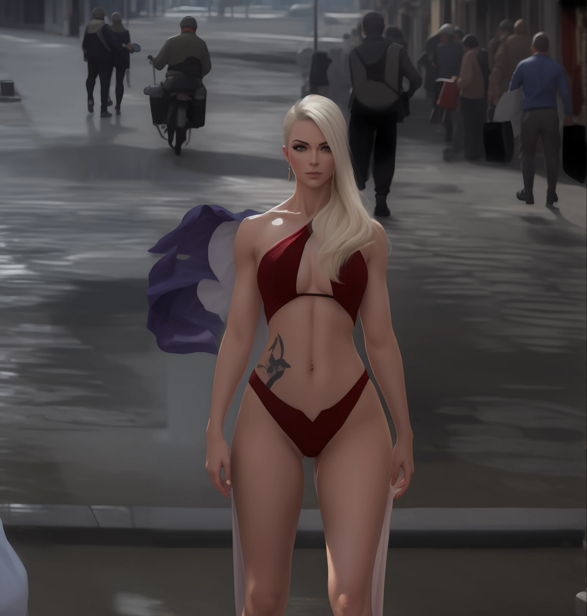 Best quality, masterpiece, digital art, artstation, 4k, muscle girl, Falcon, olhar penetrante, mature woman, biquini, street Village, medieval city, corpo perfeito