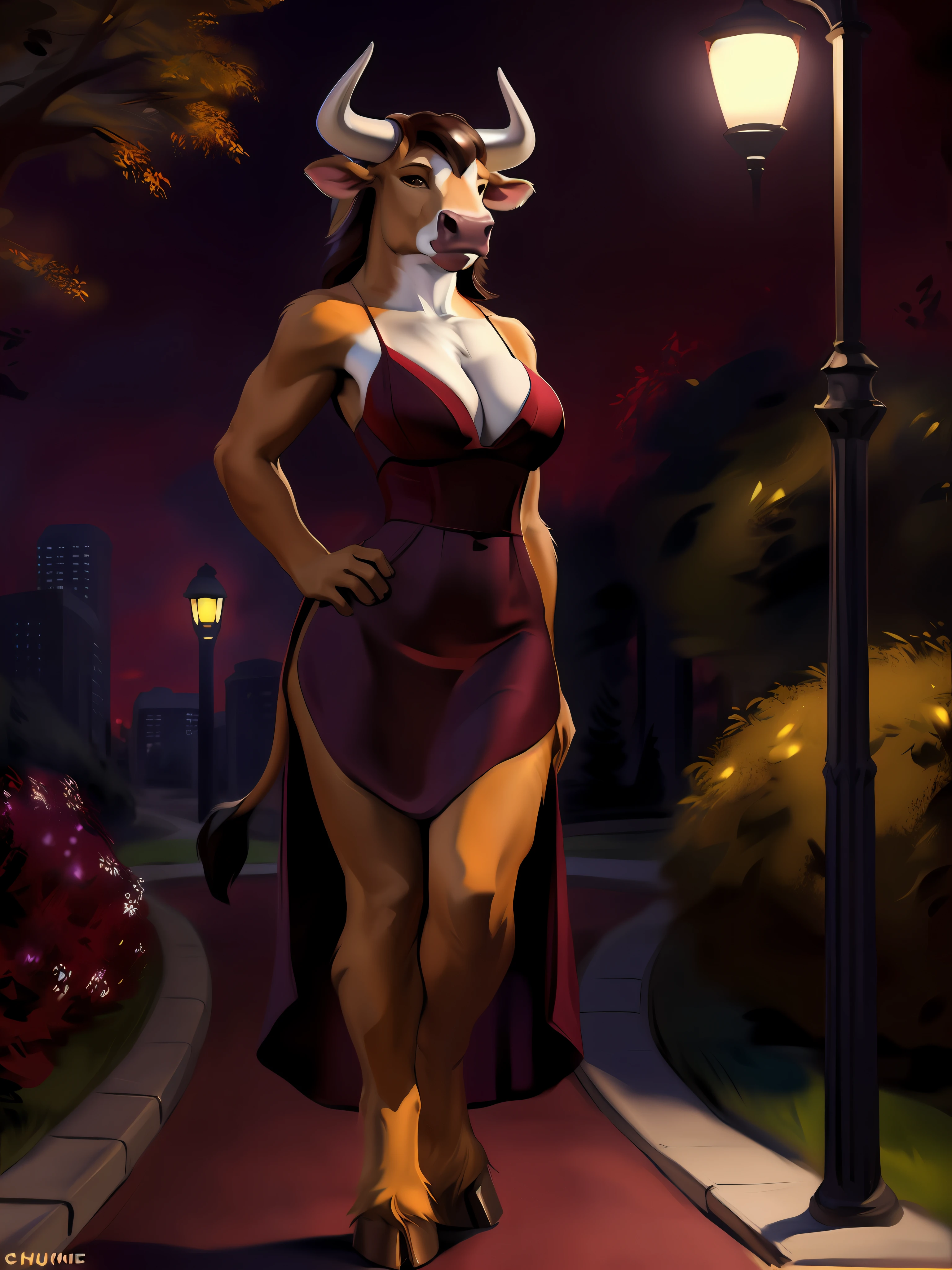 4k, high resolution, best quality, perfect colors, perfect shadows, perfect lighting, posted on e621, furry body, solo, anthro cow, full length, (middle-aged), correct anatomy, (photorealistic fur:1.2), detailed city park background, night, (a streetlamp, correct proportions), streetlamp light, (by Chunie), bovine, (straw-coloured fur, dark brown hair:1.2), female, adult, (small short bovine horns:1.3), (athletic, slim waist, narrow hips, fit:1.4), bovine feminine face, (detailed bovine eyes:1.3), (34D firm ), anatomically correct bovine tail, (maroon evening dress with a cleavagbovine plain white high hooves, sexy look, look at the viewer, smiling