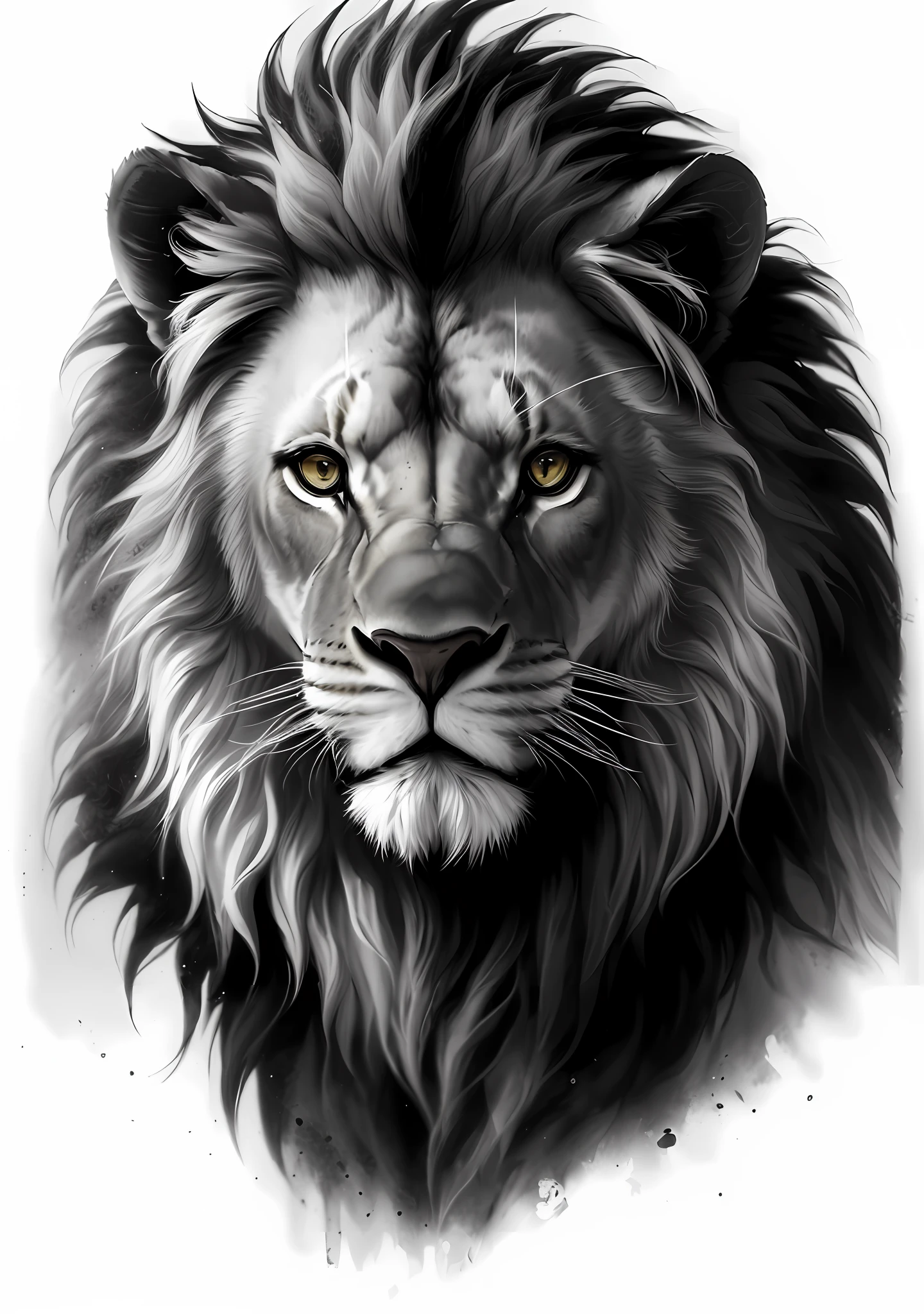 Black and white drawing of a lion's face, monochromatic airbrush painting, portrait of a lion, lion head, the mane of a lion, with the mane of a lion, realistic black and white, half lion, face of an lion, third lion head, Airbrush illustration, lion head, lion, painted in high resolution,Black and white sketch cloud background