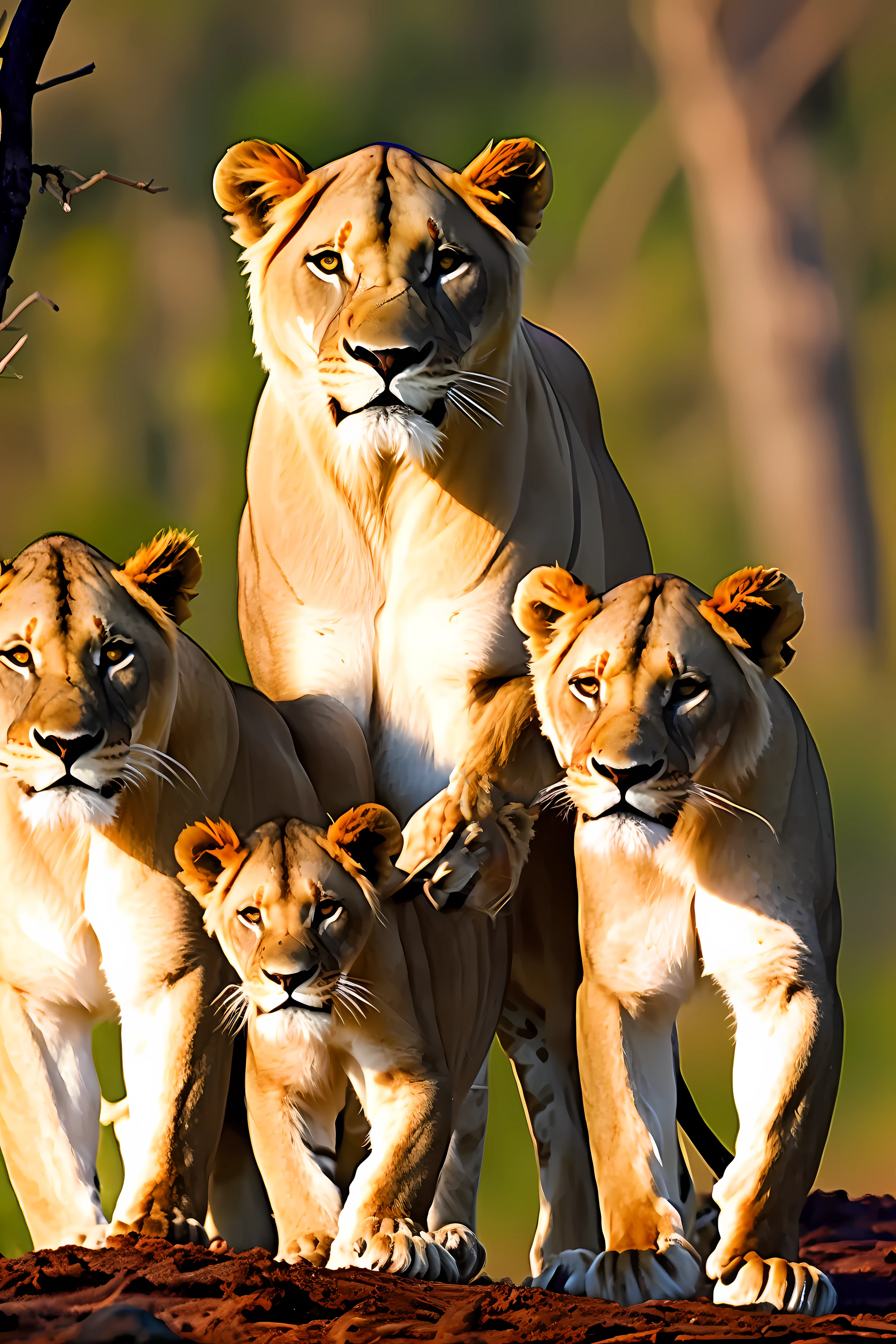 A Lioness with cubs in the jungle and a roaring lion