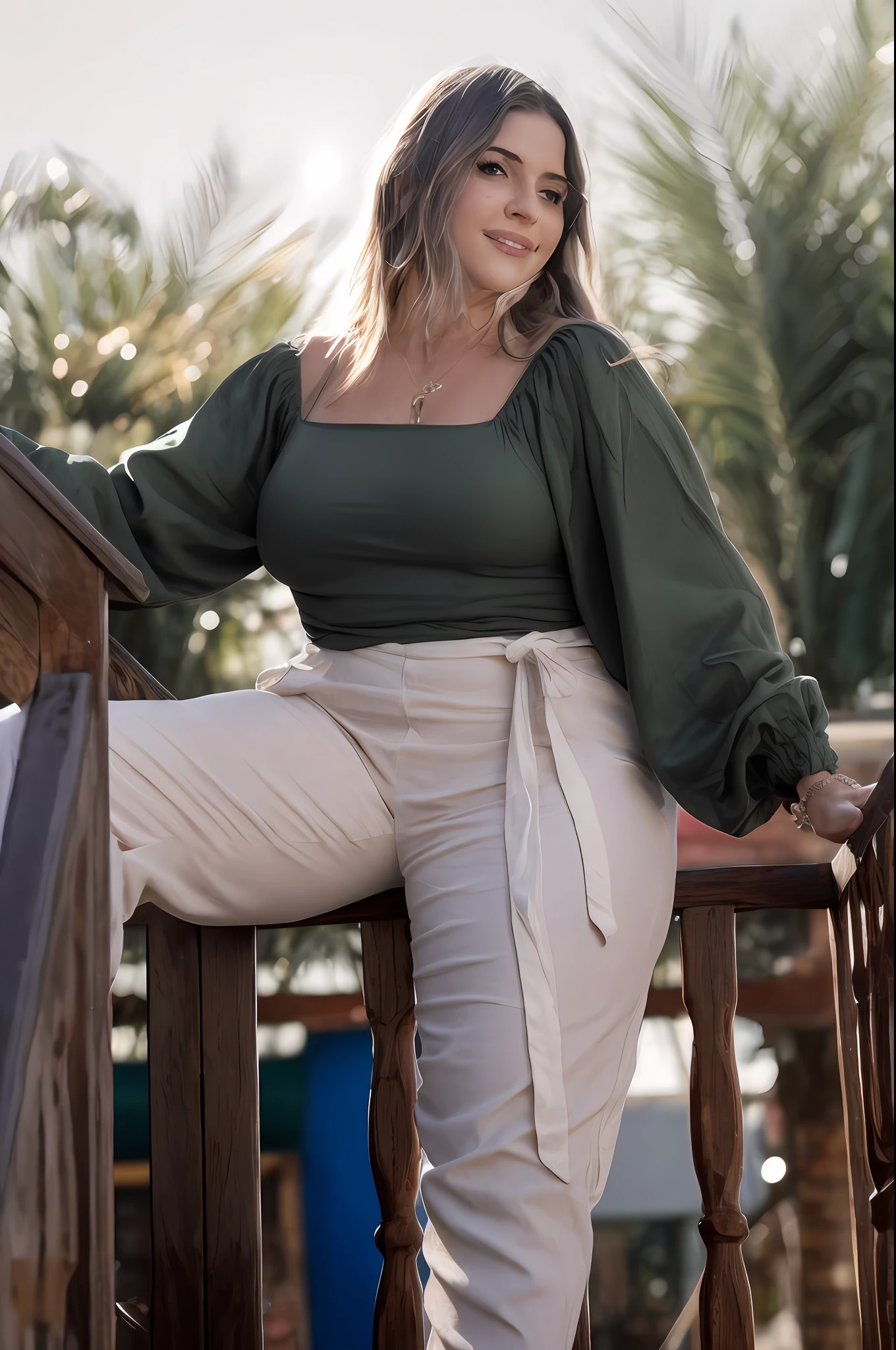 There is a woman who is standing on a railing, Retrato no meio da foto, corpo inteiro disparado de perto, intertwined full body view, mangas bufantes, whole body view, corpo inteiro - frente - tiro, Fechar tiro de corpo inteiro, wearing a long flowy fabric, foto de retrato de corpo inteiro, bottom angle, close up tiro de meio corpo, foto de retrato