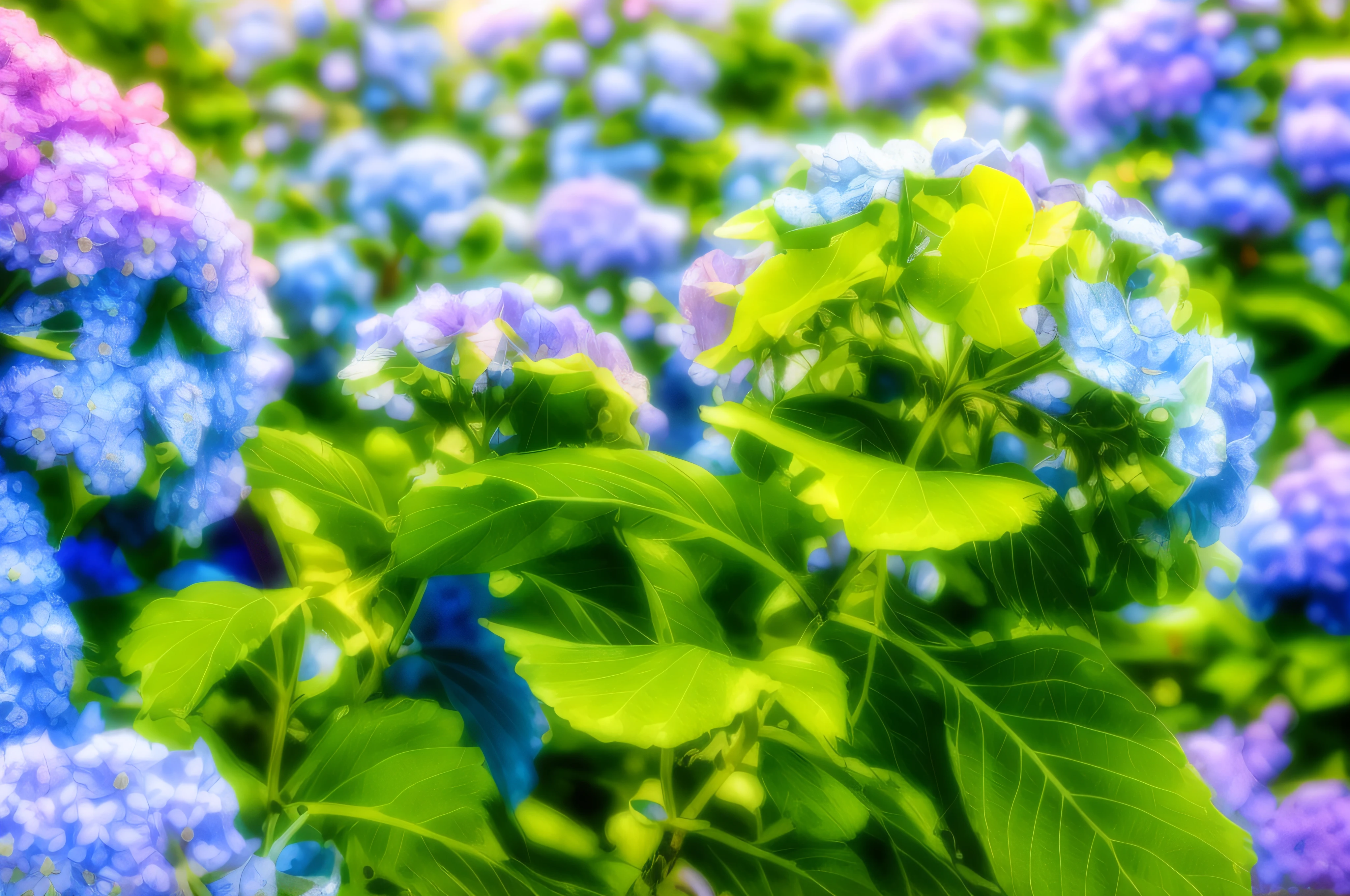 A lot of blue flowers grow in the garden, hydrangeas, deity of hydrangeas, blue flowers bloomed all over, Blue flowers, beautiful image, Lush garden leaves and flowers, Blue and green tones, flowers around, Blue and purple plants, Flowers and Blue Forest, Blue, Isolated hydrangea plants, indigo blooming flowers garden, Blue - petals