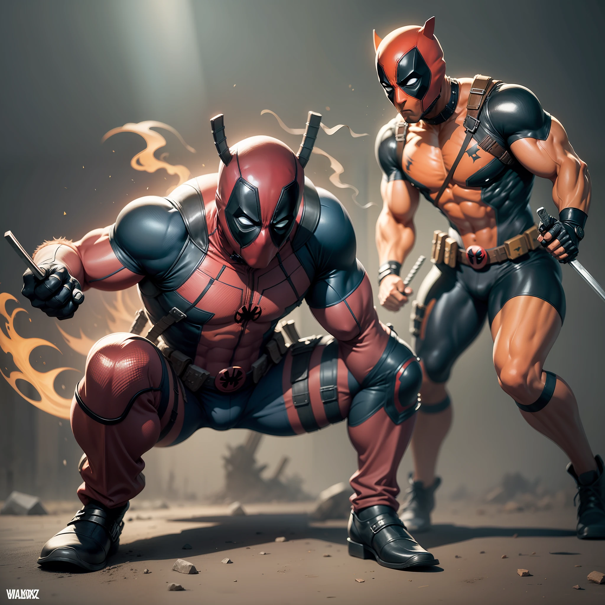 Full body style 80s deadpool and Wolverine in action pose with thick white outline