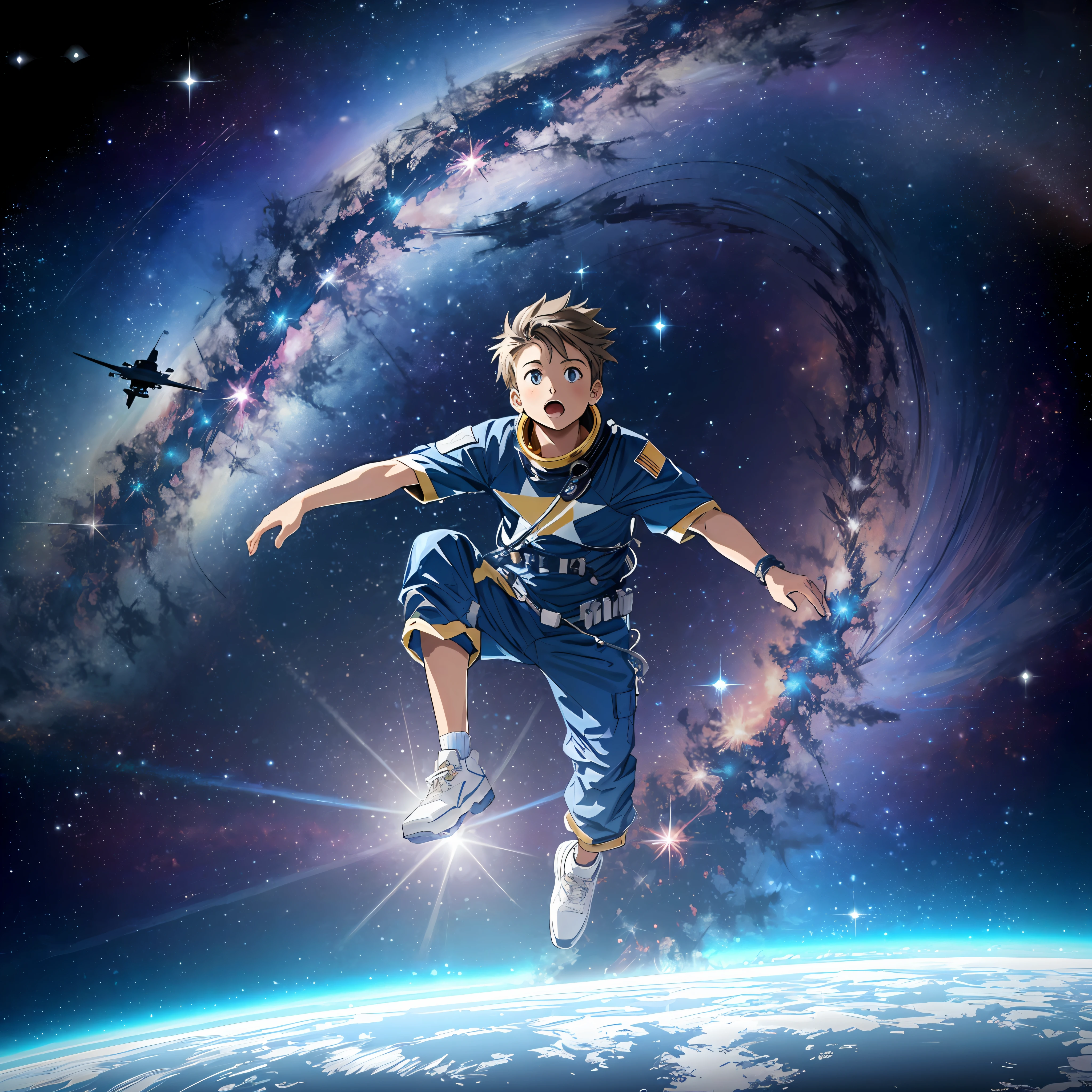 There is a frightened child who is flying through the air in a futuristic space suit, floating in the space, floating in outer space, de viagens espaciais, floating in the space, surreal space, floating in deep space, flying in space, floating through space, flutuando no universo, Flutuando na Nebulosa do Cosmos, Epic lost in space, in outer space, Fantasia De Alta Qualidade Foto Stock --auto