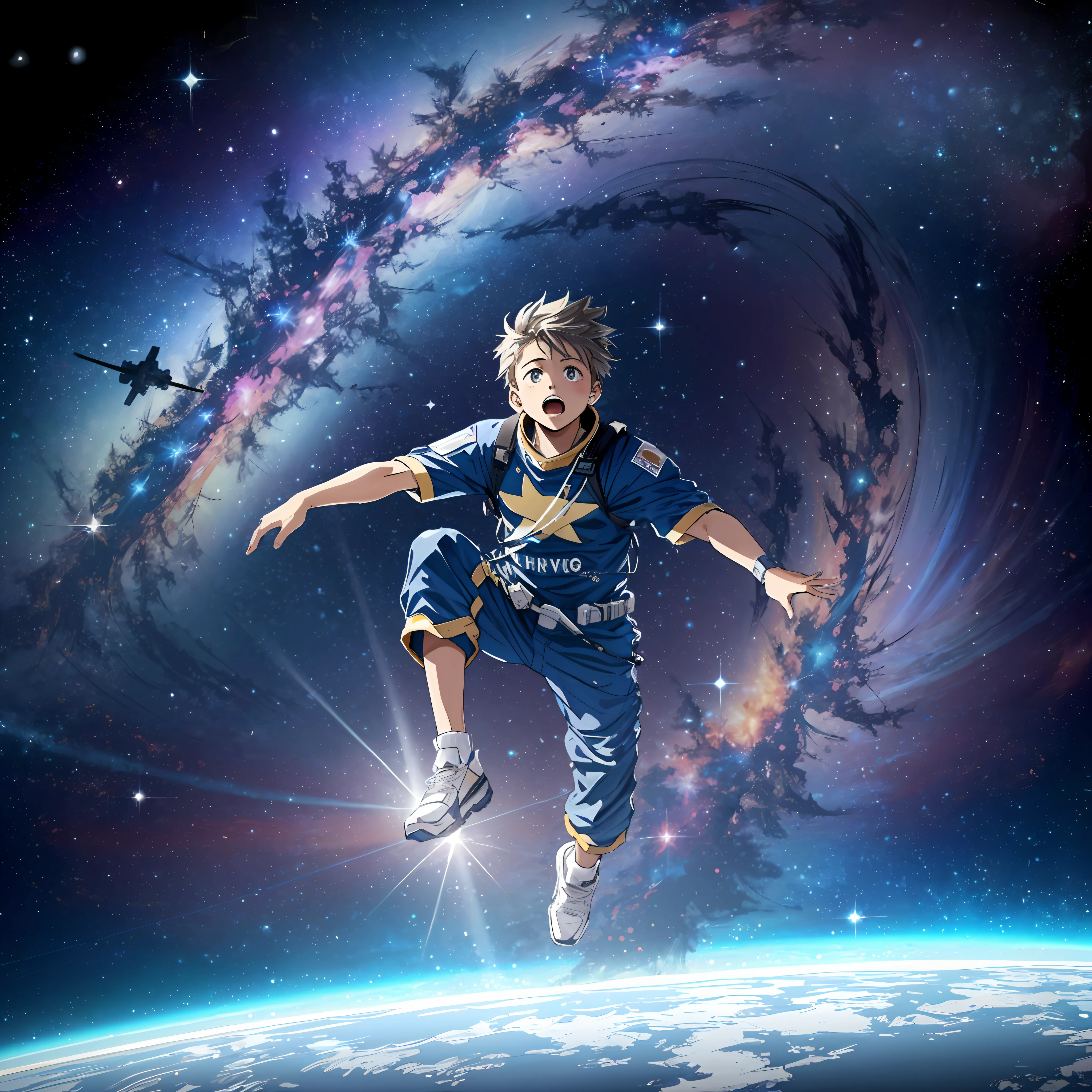 There is a frightened child who is flying through the air in a futuristic space suit, floating in the space, floating in outer space, de viagens espaciais, floating in the space, surreal space, floating in deep space, flying in space, floating through space, flutuando no universo, Flutuando na Nebulosa do Cosmos, Epic lost in space, in outer space, Fantasia De Alta Qualidade Foto Stock --auto