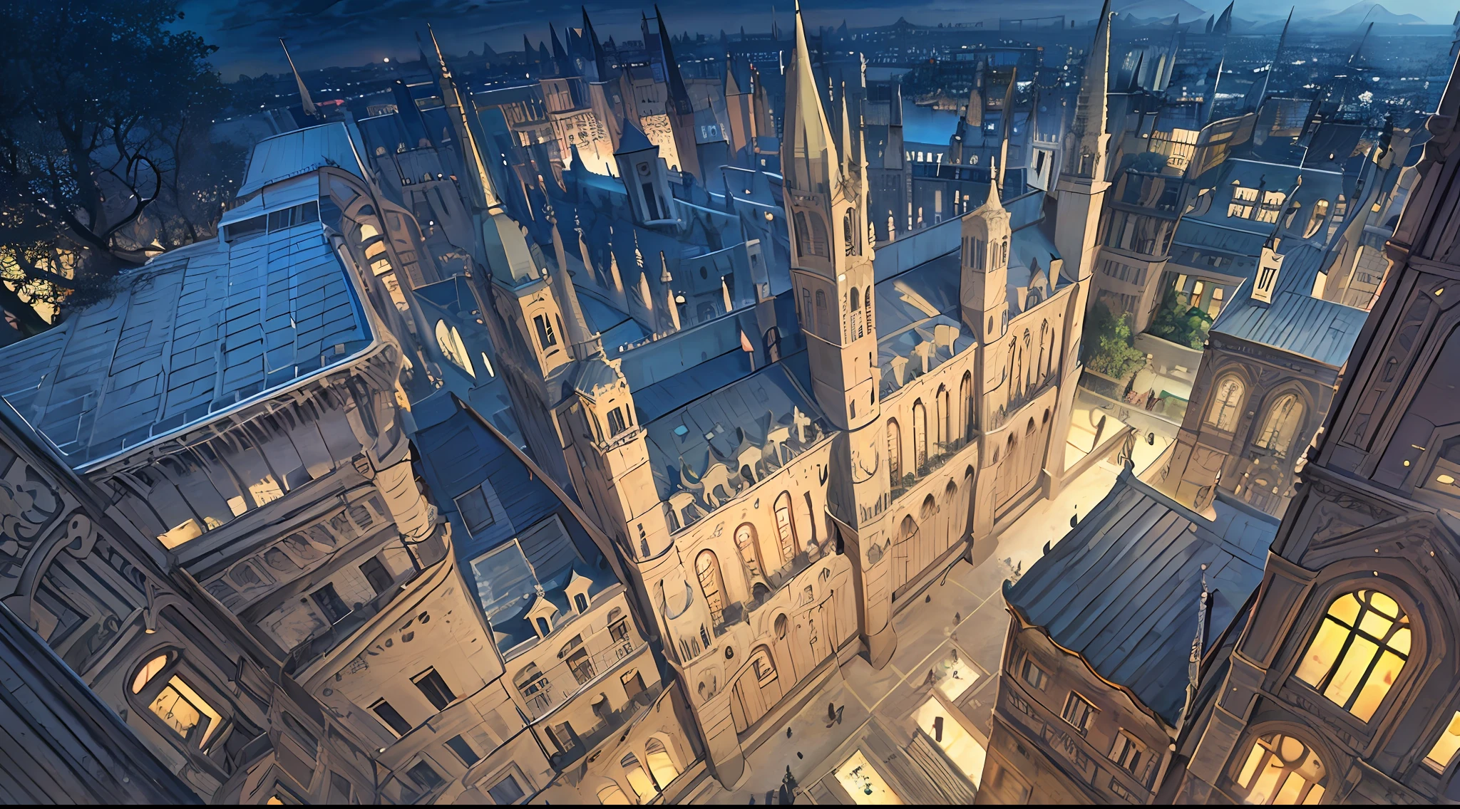 A paisagem destaca a deslumbrante escola de magia de Beauxbaton, full of great buildings and towers that show their beauty and glory (best illustration, CG ultra-detalhado, high resolution, Dynamic angle, tiro largo, cores vibrantes, serene night atmosphere with warm lighting, volumetric light)