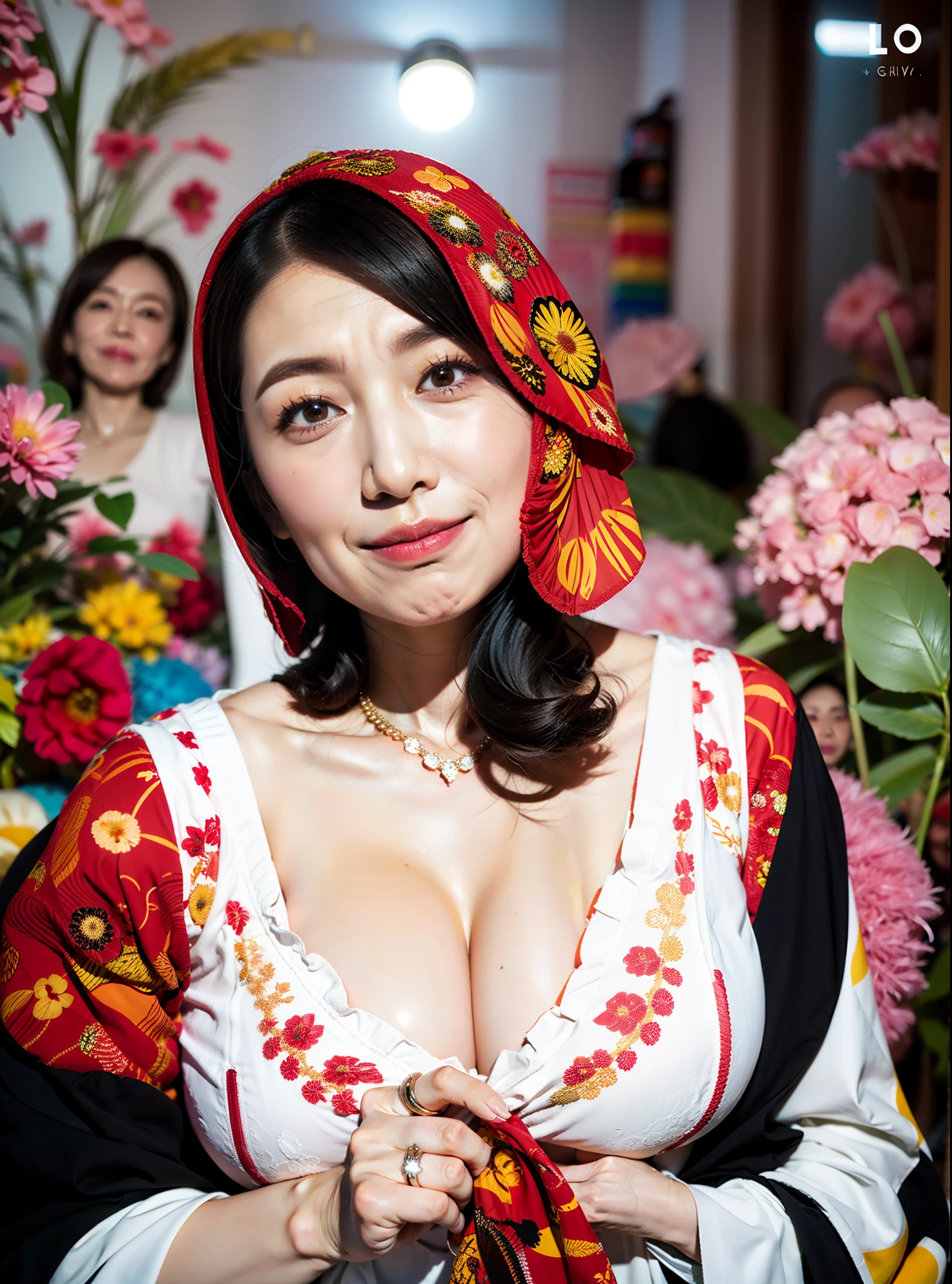 masterpiece, top-quality, (((A MILF))), bangss, red blush, marriage ring, breastsout, 鎖骨, eyebrows visible through hair, gradation hair, Grinning, jewely, looking at the viewers, red eyes, the ring, a smile, 独奏, flower petals,diagrams, Fashionable, femele, with a vibrant, outfits, the pose, the front, Colorful, Dynamic, Background with, element, self-assured, expresive, ngel, statement, accessorized, An majestic, coil, surroundings, touch, The scene, covers, It's bold, captures the attention, titles, stylish, font, It's catchy, headline, The large, Impressive, moderno, Trendy, focus, lo fashion, Perfect fingertip, 53 years old,