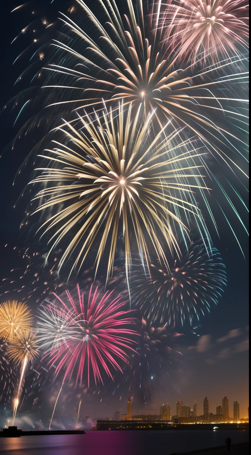 fireworks are lit up in the night sky above a city, [ fireworks in the sky ]!!, happy!!!, by Karl Völker, fireworks in the background, by Erwin Bowien, fireworks in background, fireworks, by Stefan Gierowski, stunning image, firework, by Nevin Çokay, by Tom Wänerstrand, festival
