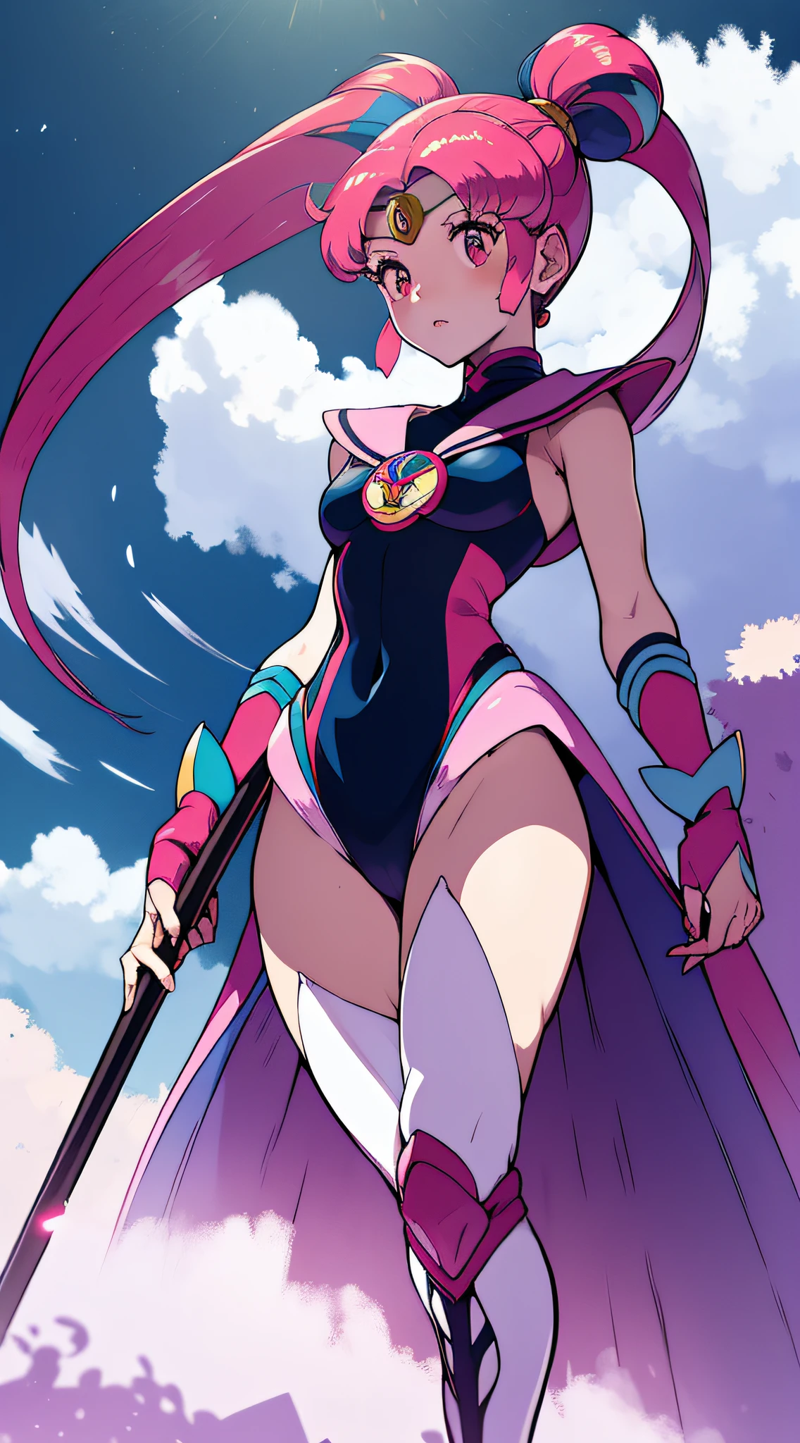 (((Masterpiece))), (best qualighy, best resolution:1.2), beautiful anatomy, perfect body, very delicate, super gorgeous hair, very long and beautiful hair, high ponytail, pink hair ornament, multicolored hair, absurderes, glowing eyes:1.2, futuristic bodysuit:1.4, clothes under clothes, full body, pigeon-toed, holding a sailor moon stick, (beautiful surreal cloud world scenery), unique art, most beautiful art, ((ultra detailed)), beautiful details, ((nice drawn hands and fingers)), (most beautiful legs), depth in field, cinematic lightining, colorful, intricate