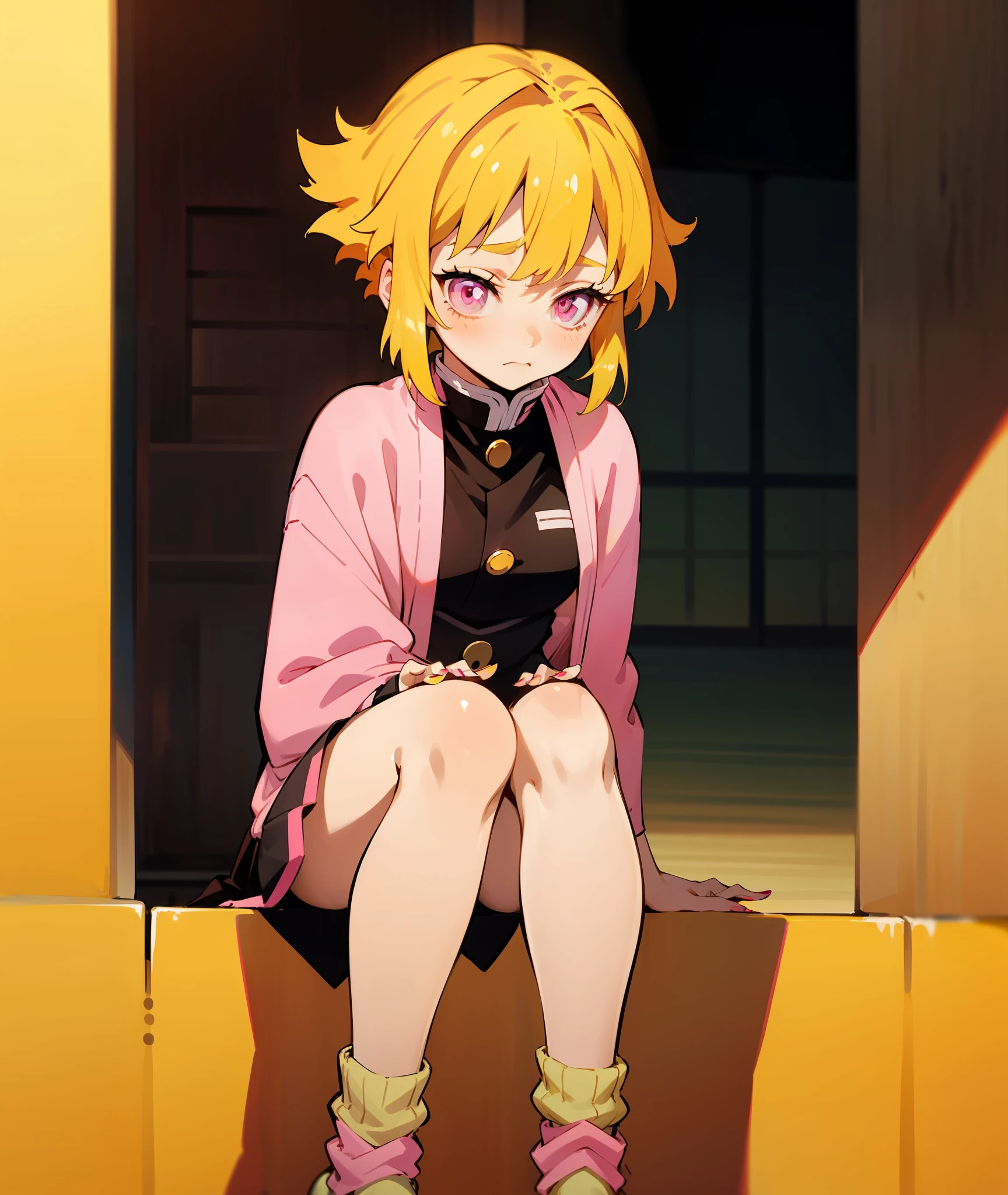 1girl, yellow hair, pink eyes, demon slayer uniform, pink and yellow socks, shy, nervous, yellow and pink haori, pink nails