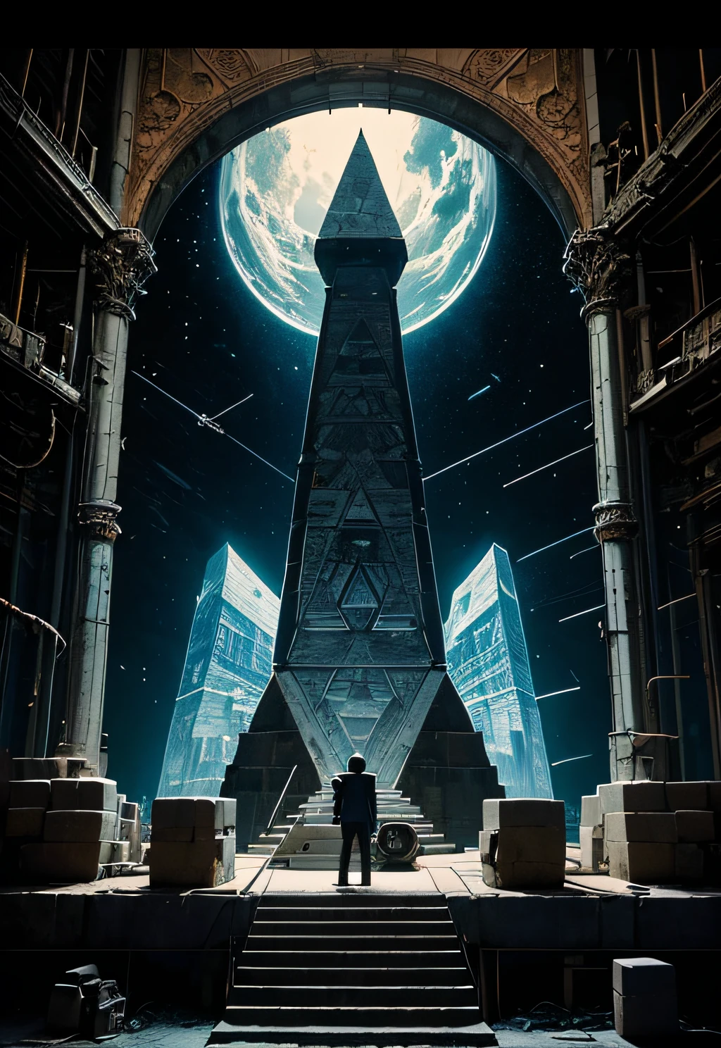 a man coming out of a spaceship like the one in Starwars, Black man. holding a mechanical pyramid with floating glowing cubes, the pyramid has some glowing lines. the cubes are radiating energy. the man is commanding the pyramid, the man is a scientist. Hyper realistic, Photography, Picture of the week, RAW, beautiful, (finely detailed skin), African skin, pilot, standing next to a stargate, in red-blue-black futuristic uniform, Clouds in the background, lightning, extremely detailed,colorful,highest detailed, (dynamic pose), shiny skin, zentangle, flowers, abstract background,(masterpiece) (perfect proportion)(realistic photo)(best quality) (detailed) photographed on a Canon EOS R5, 50mm lens, F/2.8, HDR, (8k) (wallpaper) (cinematic lighting) (dramatic lighting) (sharp focus) (intricate)
